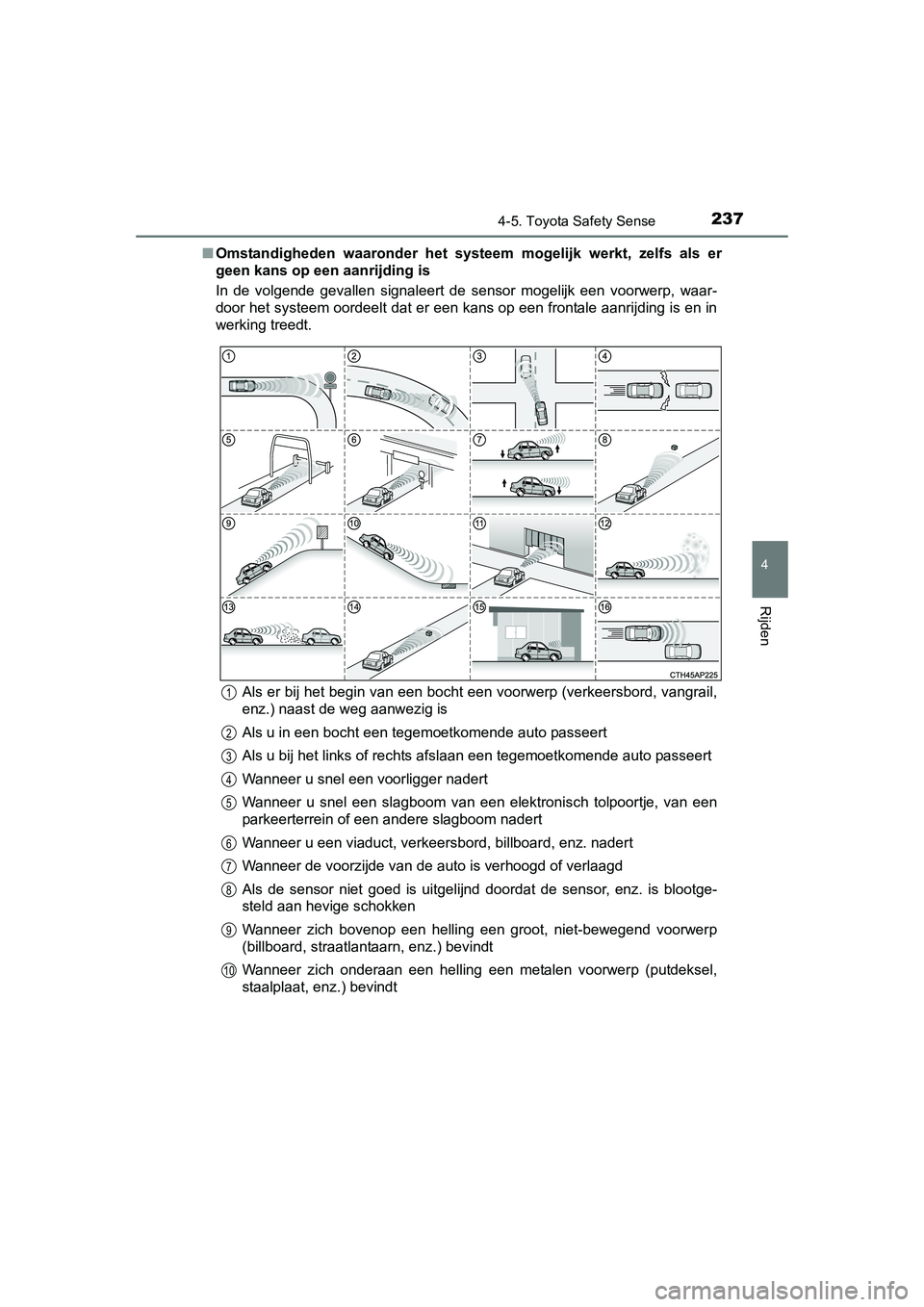 TOYOTA AURIS HYBRID 2015 Instructieboekje (in Dutch) 2374-5. Toyota Safety Sense
UK AURIS_HV_HB_EE (OM12J68E)
4
Rijden
■Omstandigheden waaronder het systeem mogelijk werkt, zelfs als er
geen kans op een aanrijding is
In de volgende gevallen signaleer TOYOTA AURIS HYBRID 2015 Instructieboekje (in Dutch) 2374-5. Toyota Safety Sense
UK AURIS_HV_HB_EE (OM12J68E)
4
Rijden
■Omstandigheden waaronder het systeem mogelijk werkt, zelfs als er
geen kans op een aanrijding is
In de volgende gevallen signaleer