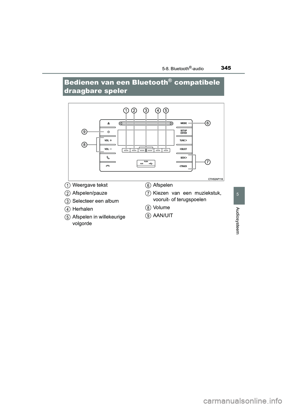 TOYOTA AURIS HYBRID 2015 Instructieboekje (in Dutch) 345
UK AURIS_HV_HB_EE (OM12J68E)
5
Audiosysteem
5-8. Bluetooth®-audio
Bedienen van een Bluetooth® compatibele
draagbare speler
Weergave tekst
Afspelen/pauze
Selecteer een album
Herhalen
Afspelen i TOYOTA AURIS HYBRID 2015 Instructieboekje (in Dutch) 345
UK AURIS_HV_HB_EE (OM12J68E)
5
Audiosysteem
5-8. Bluetooth®-audio
Bedienen van een Bluetooth® compatibele
draagbare speler
Weergave tekst
Afspelen/pauze
Selecteer een album
Herhalen
Afspelen i