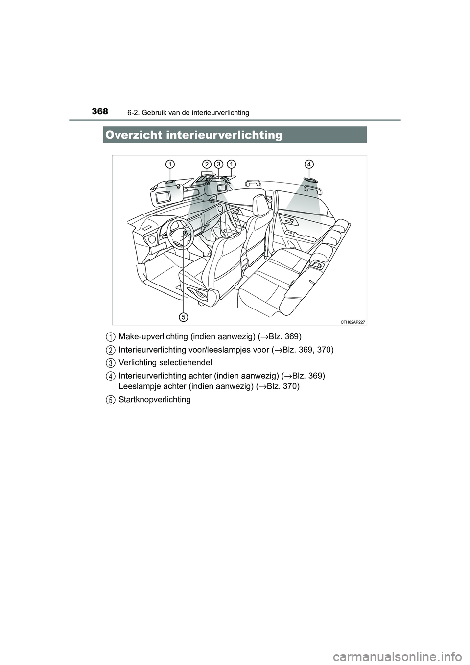 TOYOTA AURIS HYBRID 2015 Instructieboekje (in Dutch) 368
UK AURIS_HV_HB_EE (OM12J68E)
6-2. Gebruik van de interieurverlichting
Make-upverlichting (indien aanwezig) (→Blz. 369)
Interieurverlichting voor/leeslampjes voor ( →Blz. 369, 370)
Verlichting TOYOTA AURIS HYBRID 2015 Instructieboekje (in Dutch) 368
UK AURIS_HV_HB_EE (OM12J68E)
6-2. Gebruik van de interieurverlichting
Make-upverlichting (indien aanwezig) (→Blz. 369)
Interieurverlichting voor/leeslampjes voor ( →Blz. 369, 370)
Verlichting