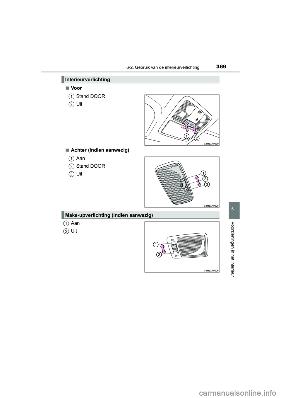 TOYOTA AURIS HYBRID 2015 Instructieboekje (in Dutch) 3696-2. Gebruik van de interieurverlichting
UK AURIS_HV_HB_EE (OM12J68E)
6
Voorzieningen in het interieur
■VoorStand DOOR
Uit
■Achter (indien aanwezig)Aan
Stand DOOR
Uit
Aan
Uit
Interieurverlichti TOYOTA AURIS HYBRID 2015 Instructieboekje (in Dutch) 3696-2. Gebruik van de interieurverlichting
UK AURIS_HV_HB_EE (OM12J68E)
6
Voorzieningen in het interieur
■VoorStand DOOR
Uit
■Achter (indien aanwezig)Aan
Stand DOOR
Uit
Aan
Uit
Interieurverlichti