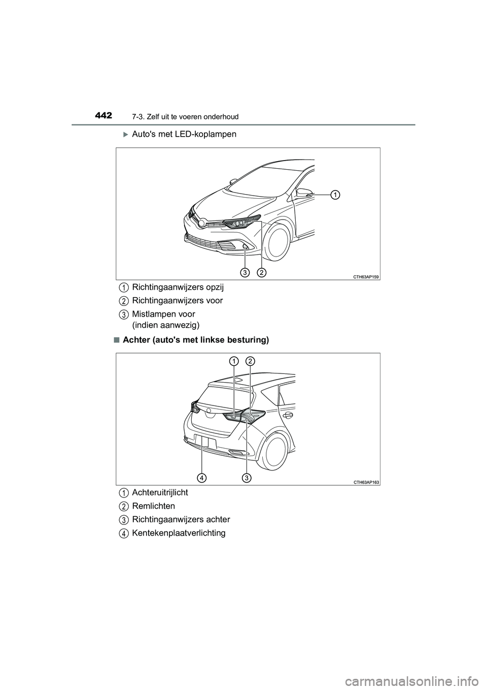 TOYOTA AURIS HYBRID 2015  Instructieboekje (in Dutch) 4427-3. Zelf uit te voeren onderhoud
UK AURIS_HV_HB_EE (OM12J68E)
Autos met LED-koplampen
■Achter (autos met linkse besturing)
Richtingaanwijzers opzij
Richtingaanwijzers voor
Mistlampen voor 
