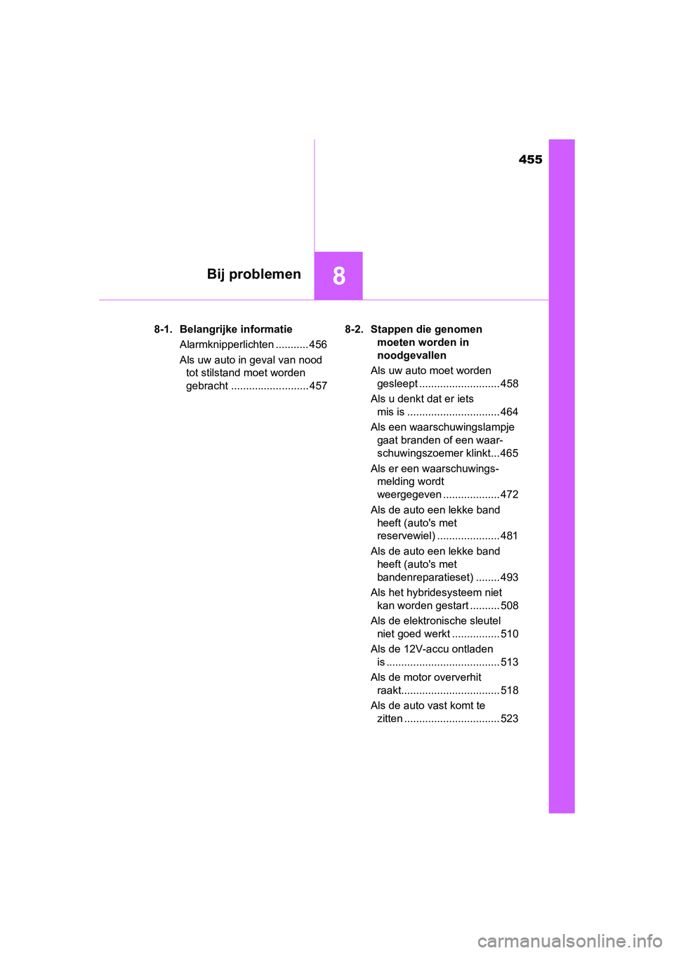 TOYOTA AURIS HYBRID 2015 Instructieboekje (in Dutch) 455
8Bij problemen
UK AURIS_HV_HB_EE (OM12J68E)8-1. Belangrijke informatie
Alarmknipperlichten ........... 456
Als uw auto in geval van nood tot stilstand moet worden
gebracht ....................... TOYOTA AURIS HYBRID 2015 Instructieboekje (in Dutch) 455
8Bij problemen
UK AURIS_HV_HB_EE (OM12J68E)8-1. Belangrijke informatie
Alarmknipperlichten ........... 456
Als uw auto in geval van nood tot stilstand moet worden
gebracht .......................