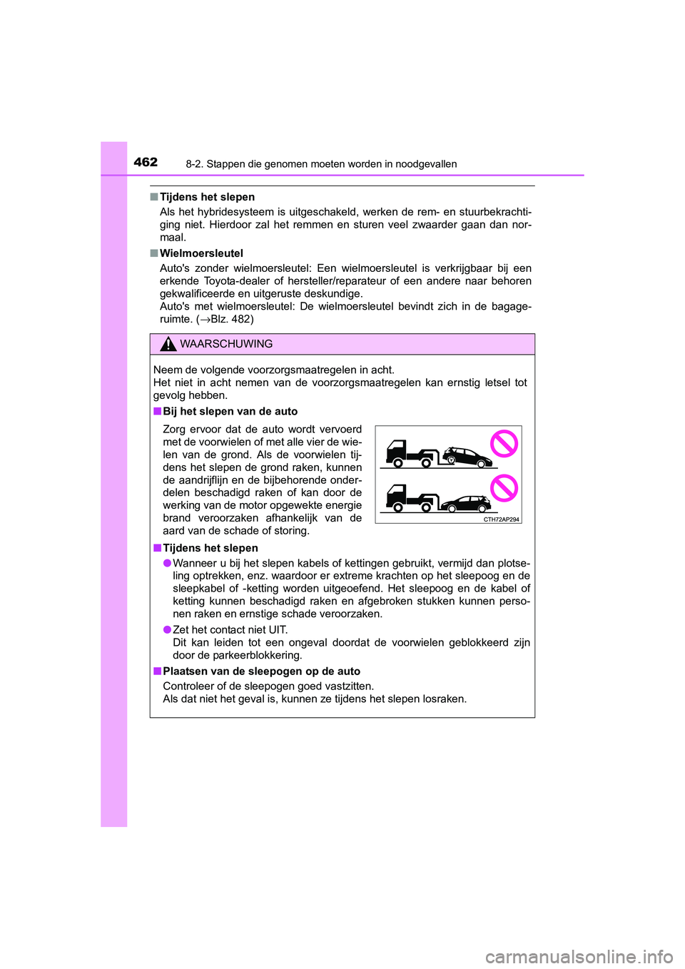 TOYOTA AURIS HYBRID 2015 Instructieboekje (in Dutch) 4628-2. Stappen die genomen moeten worden in noodgevallen
UK AURIS_HV_HB_EE (OM12J68E)
■Tijdens het slepen
Als het hybridesysteem is uitgeschakeld, werken de rem- en stuurbekrachti-
ging niet. Hierd TOYOTA AURIS HYBRID 2015 Instructieboekje (in Dutch) 4628-2. Stappen die genomen moeten worden in noodgevallen
UK AURIS_HV_HB_EE (OM12J68E)
■Tijdens het slepen
Als het hybridesysteem is uitgeschakeld, werken de rem- en stuurbekrachti-
ging niet. Hierd