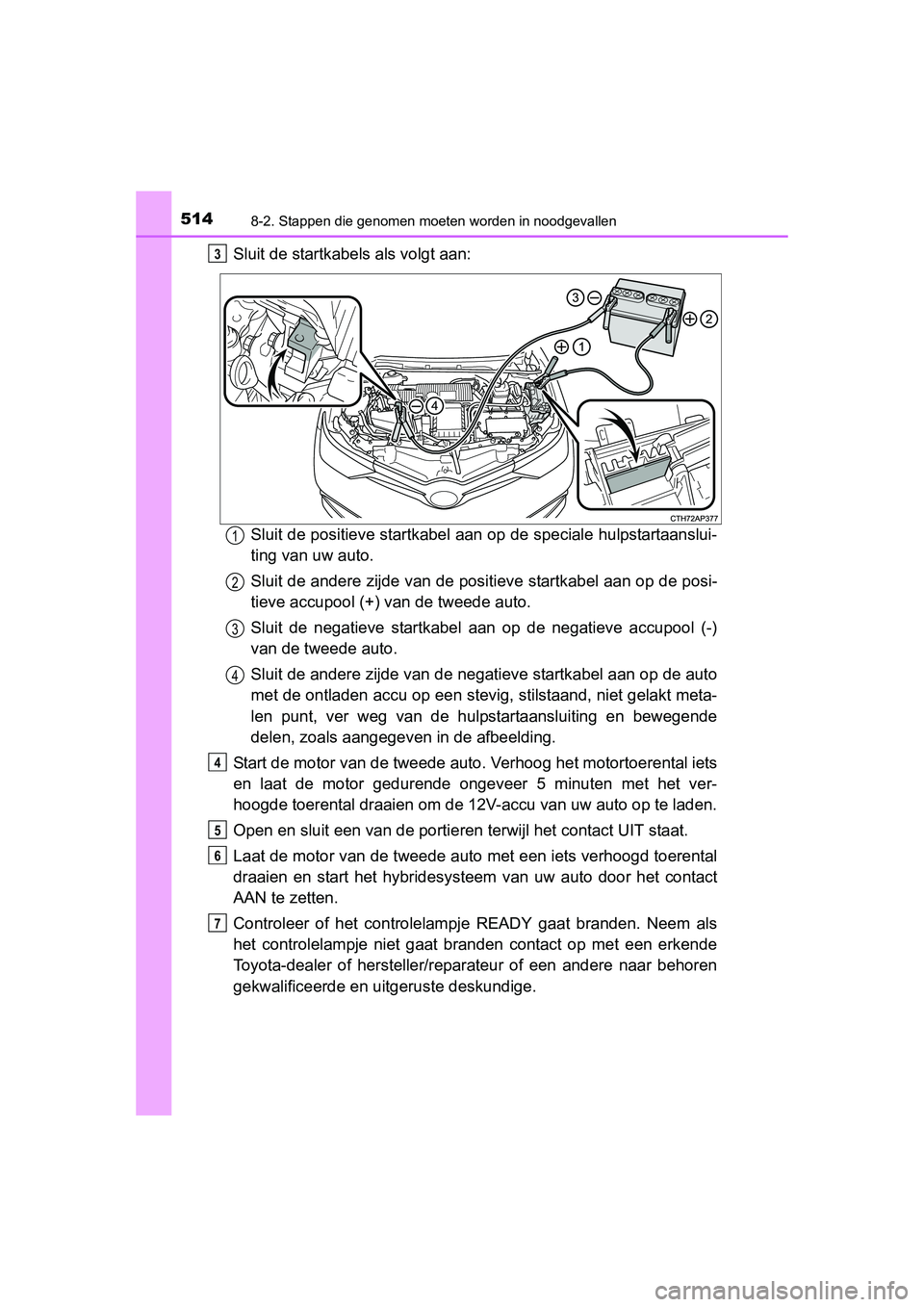 TOYOTA AURIS HYBRID 2015 Instructieboekje (in Dutch) 5148-2. Stappen die genomen moeten worden in noodgevallen
UK AURIS_HV_HB_EE (OM12J68E)
Sluit de startkabels als volgt aan:Sluit de positieve startkabel aan op de speciale hulpstartaanslui-
ting van uw TOYOTA AURIS HYBRID 2015 Instructieboekje (in Dutch) 5148-2. Stappen die genomen moeten worden in noodgevallen
UK AURIS_HV_HB_EE (OM12J68E)
Sluit de startkabels als volgt aan:Sluit de positieve startkabel aan op de speciale hulpstartaanslui-
ting van uw