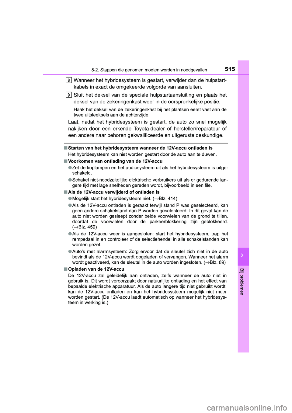 TOYOTA AURIS HYBRID 2015 Instructieboekje (in Dutch) 5158-2. Stappen die genomen moeten worden in noodgevallen
UK AURIS_HV_HB_EE (OM12J68E)
8
Bij problemen
Wanneer het hybridesysteem is gestart, verwijder dan de hulpstart-
kabels in exact de omgekeerde TOYOTA AURIS HYBRID 2015 Instructieboekje (in Dutch) 5158-2. Stappen die genomen moeten worden in noodgevallen
UK AURIS_HV_HB_EE (OM12J68E)
8
Bij problemen
Wanneer het hybridesysteem is gestart, verwijder dan de hulpstart-
kabels in exact de omgekeerde