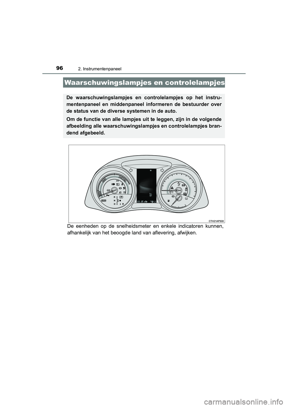 TOYOTA AURIS HYBRID 2015 Instructieboekje (in Dutch) 96
UK AURIS_HV_HB_EE (OM12J68E)
2. Instrumentenpaneel
De eenheden op de snelheidsmeter en enkele indicatoren kunnen,
afhankelijk van het beoogde land van aflevering, afwijken.
Waarschuwingslampjes en TOYOTA AURIS HYBRID 2015 Instructieboekje (in Dutch) 96
UK AURIS_HV_HB_EE (OM12J68E)
2. Instrumentenpaneel
De eenheden op de snelheidsmeter en enkele indicatoren kunnen,
afhankelijk van het beoogde land van aflevering, afwijken.
Waarschuwingslampjes en