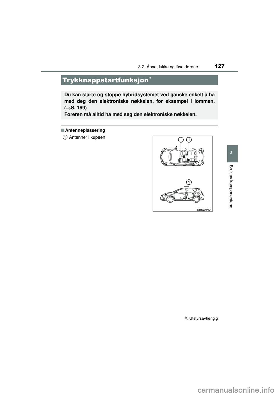 TOYOTA AURIS HYBRID 2015  Instruksjoner for bruk (in Norwegian) 1273-2. Åpne, lukke og låse dørene
OM12J68NO
3
Bruk av komponentene
■Antenneplassering
Tr ykknappstartfunksjon∗
∗: Utstyrsavhengig
Du kan starte og stoppe hybridsy stemet ved ganske enkelt å
