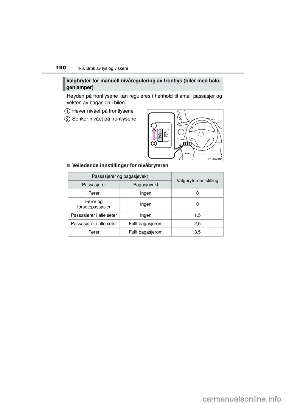 TOYOTA AURIS HYBRID 2015  Instruksjoner for bruk (in Norwegian) 1904-3. Bruk av lys og viskere
OM12J68NO
Høyden på frontlysene kan reguleres i henhold til antall passasjer og
vekten av bagasjen i bilen.
Hever nivået på frontlysene
Senker nivået på frontlysen
