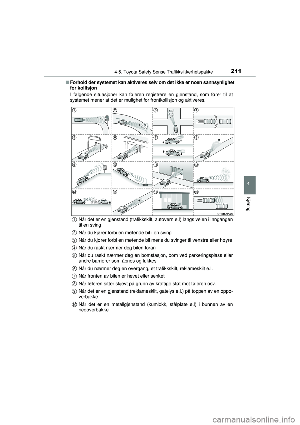 TOYOTA AURIS HYBRID 2015  Instruksjoner for bruk (in Norwegian) 2114-5. Toyota Safety Sense Trafikksikkerhetspakke
OM12J68NO
4
Kjøring
■Forhold der systemet kan aktiveres selv  om det ikke er noen sannsynlighet
for kollisjon
I følgende situasjoner kan føleren