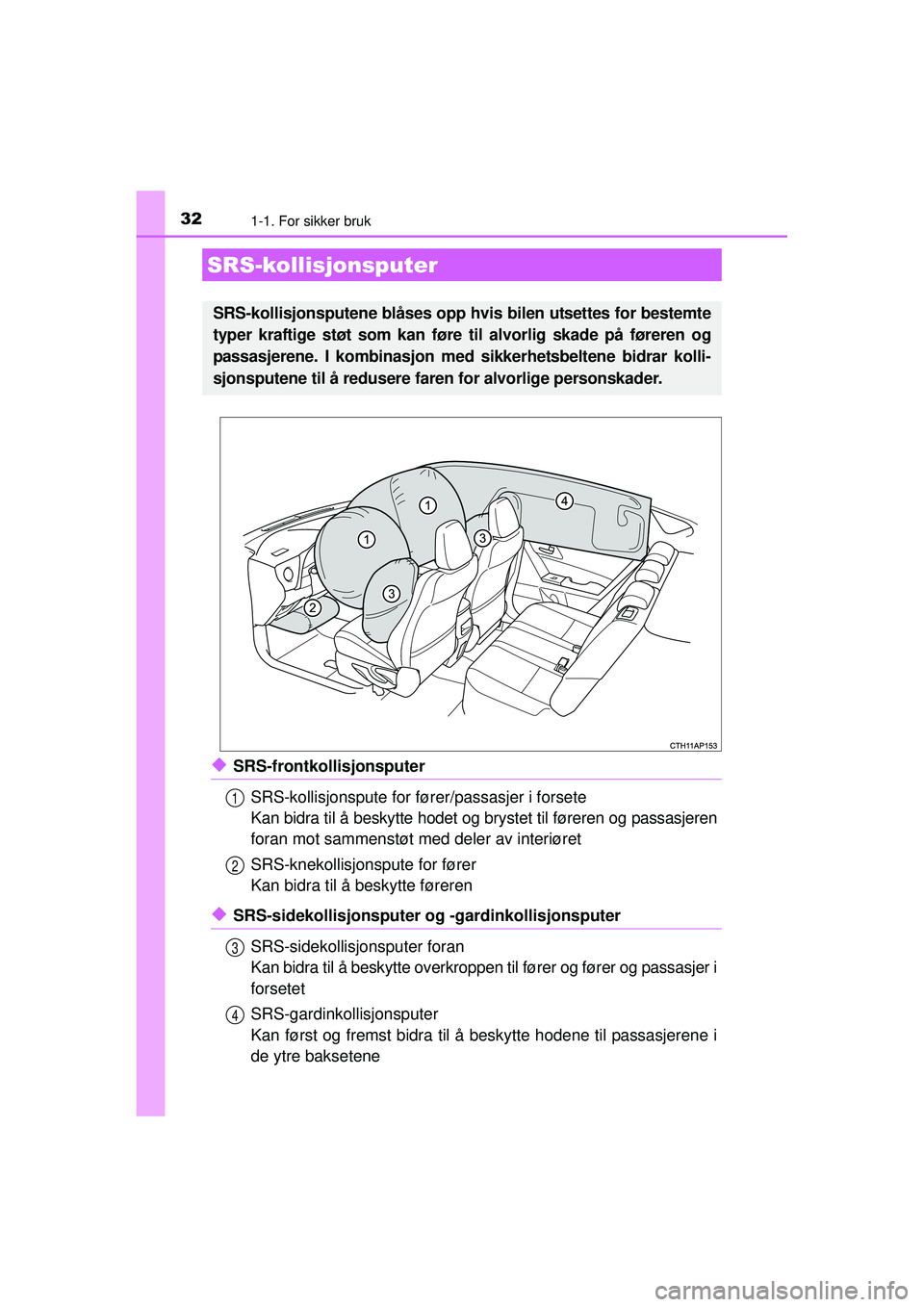 TOYOTA AURIS HYBRID 2015 Instruksjoner for bruk (in Norwegian) 321-1. For sikker bruk
OM12J68NO
◆SRS-frontkollisjonsputerSRS-kollisjonspute for føre r/passasjer i forsete
Kan bidra til å beskytte hodet og brystet til føreren og passasjeren
foran mot sammenst TOYOTA AURIS HYBRID 2015 Instruksjoner for bruk (in Norwegian) 321-1. For sikker bruk
OM12J68NO
◆SRS-frontkollisjonsputerSRS-kollisjonspute for føre r/passasjer i forsete
Kan bidra til å beskytte hodet og brystet til føreren og passasjeren
foran mot sammenst