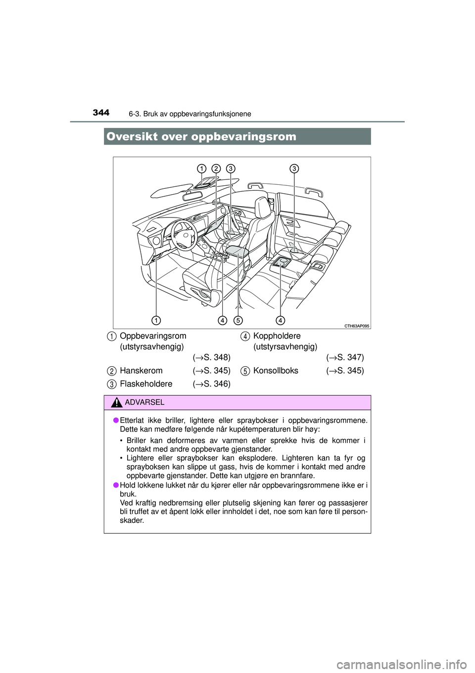TOYOTA AURIS HYBRID 2015  Instruksjoner for bruk (in Norwegian) 344
OM12J68NO
6-3. Bruk av oppbevaringsfunksjonene
Oversikt over oppbevaringsrom
Oppbevaringsrom 
(utstyrsavhengig)(→ S. 348)
Hanskerom  ( →S. 345)
Flaskeholdere ( →S. 346) Koppholdere 
(utstyrs