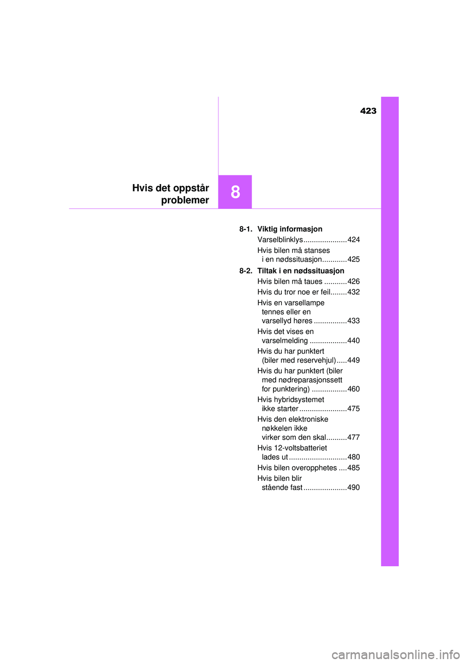 TOYOTA AURIS HYBRID 2015 Instruksjoner for bruk (in Norwegian) 423
8Hvis det oppstårproblemer
OM12J68NO 8-1. Viktig informasjon
Varselblinklys ..................... 424
Hvis bilen må stanses i en nødssituasjon............ 425
8-2. Tiltak i en nødssituasjon H TOYOTA AURIS HYBRID 2015 Instruksjoner for bruk (in Norwegian) 423
8Hvis det oppstårproblemer
OM12J68NO 8-1. Viktig informasjon
Varselblinklys ..................... 424
Hvis bilen må stanses i en nødssituasjon............ 425
8-2. Tiltak i en nødssituasjon H