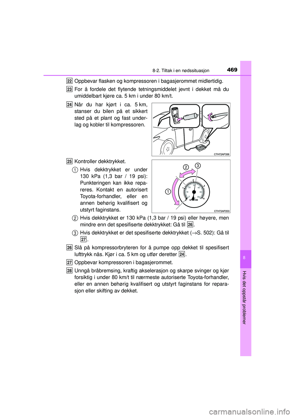 TOYOTA AURIS HYBRID 2015 Instruksjoner for bruk (in Norwegian) 4698-2. Tiltak i en nødssituasjon
OM12J68NO
8
Hvis det oppstår problemer
Oppbevar flasken og kompressoren i bagasjerommet midlertidig.
For å fordele det flytende tetningsmiddelet jevnt i dekket må TOYOTA AURIS HYBRID 2015 Instruksjoner for bruk (in Norwegian) 4698-2. Tiltak i en nødssituasjon
OM12J68NO
8
Hvis det oppstår problemer
Oppbevar flasken og kompressoren i bagasjerommet midlertidig.
For å fordele det flytende tetningsmiddelet jevnt i dekket må