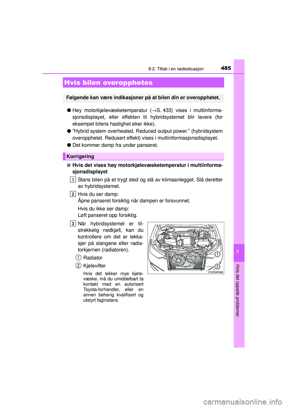 TOYOTA AURIS HYBRID 2015 Instruksjoner for bruk (in Norwegian) 4858-2. Tiltak i en nødssituasjon
OM12J68NO
8
Hvis det oppstår problemer
●Høy motorkjølevæsketemperatur ( →S. 433) vises i multiinforma-
sjonsdisplayet, eller effekten til hybridsystemet bli TOYOTA AURIS HYBRID 2015 Instruksjoner for bruk (in Norwegian) 4858-2. Tiltak i en nødssituasjon
OM12J68NO
8
Hvis det oppstår problemer
●Høy motorkjølevæsketemperatur ( →S. 433) vises i multiinforma-
sjonsdisplayet, eller effekten til hybridsystemet bli