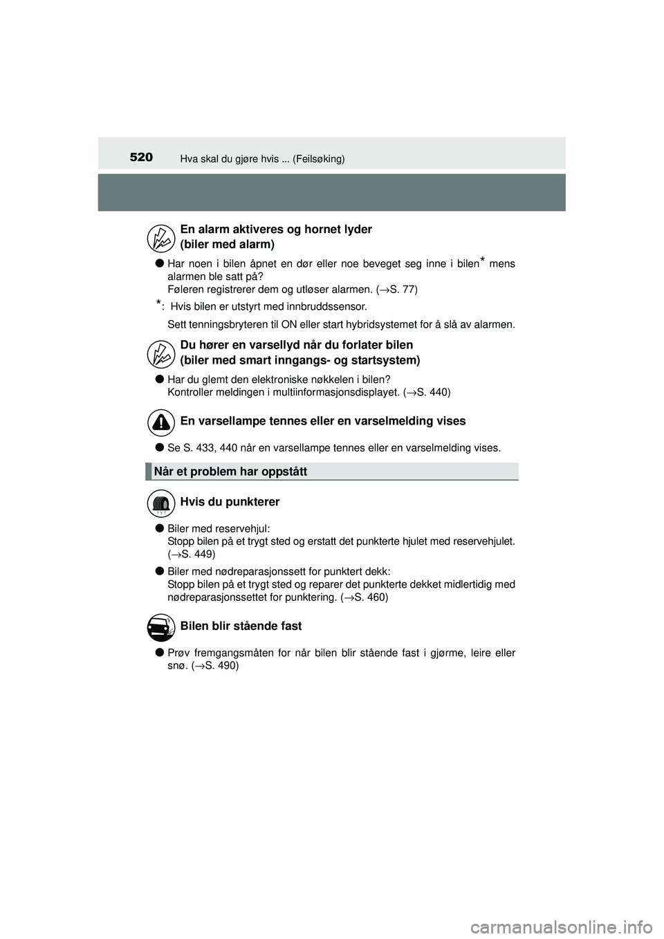 TOYOTA AURIS HYBRID 2015 Instruksjoner for bruk (in Norwegian) 520Hva skal du gjøre hvis ... (Feilsøking)
OM12J68NO
●Har noen i bilen åpnet en dør eller noe beveget seg inne i bilen* mens
alarmen ble satt på?
Føleren registrerer dem og utløser alarmen. TOYOTA AURIS HYBRID 2015 Instruksjoner for bruk (in Norwegian) 520Hva skal du gjøre hvis ... (Feilsøking)
OM12J68NO
●Har noen i bilen åpnet en dør eller noe beveget seg inne i bilen* mens
alarmen ble satt på?
Føleren registrerer dem og utløser alarmen.