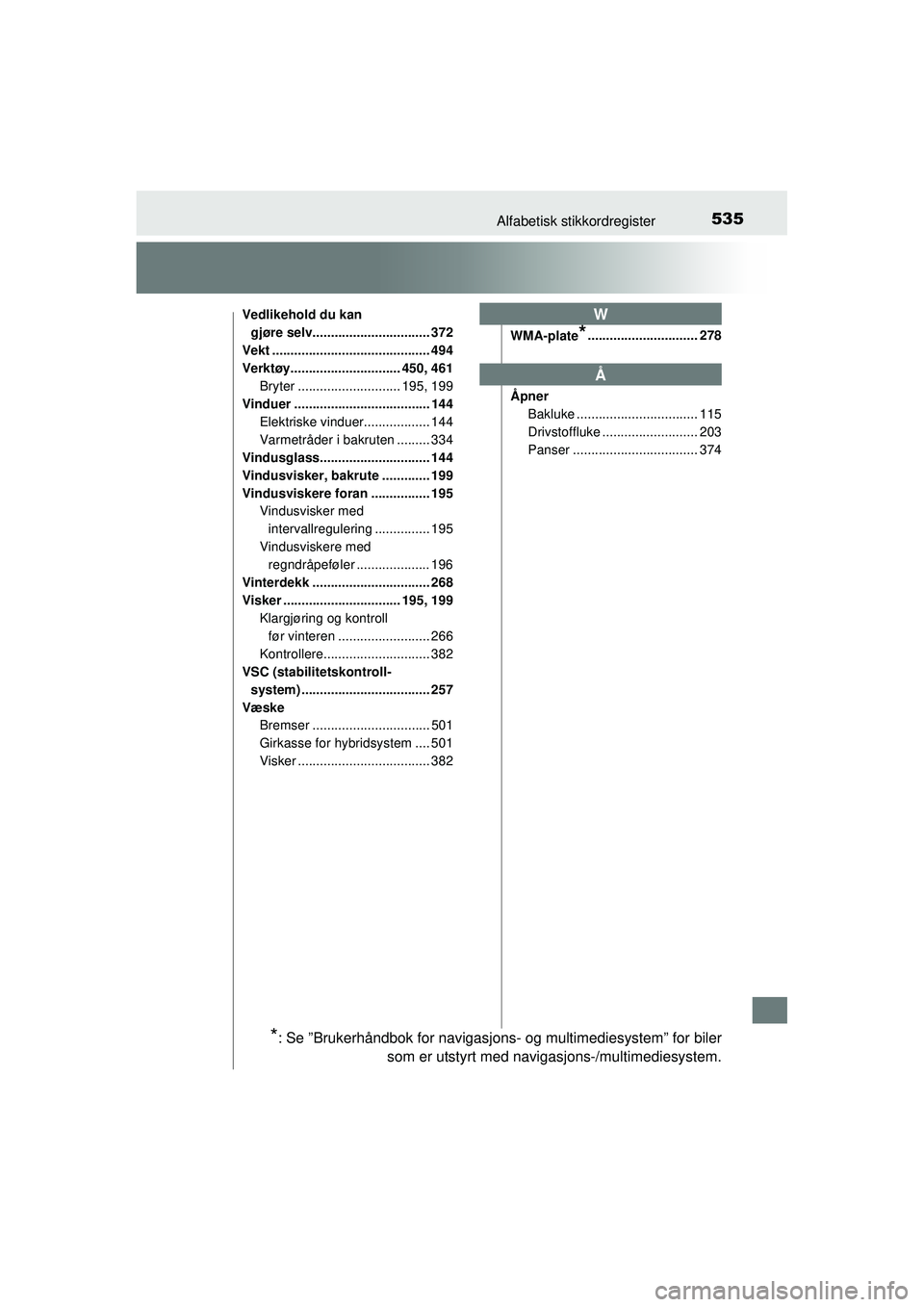 TOYOTA AURIS HYBRID 2015 Instruksjoner for bruk (in Norwegian) 535Alfabetisk stikkordregister
OM12J68NO
Vedlikehold du kan gjøre selv................................ 372
Vekt ........................................... 494
Verktøy.............................. TOYOTA AURIS HYBRID 2015 Instruksjoner for bruk (in Norwegian) 535Alfabetisk stikkordregister
OM12J68NO
Vedlikehold du kan gjøre selv................................ 372
Vekt ........................................... 494
Verktøy..............................