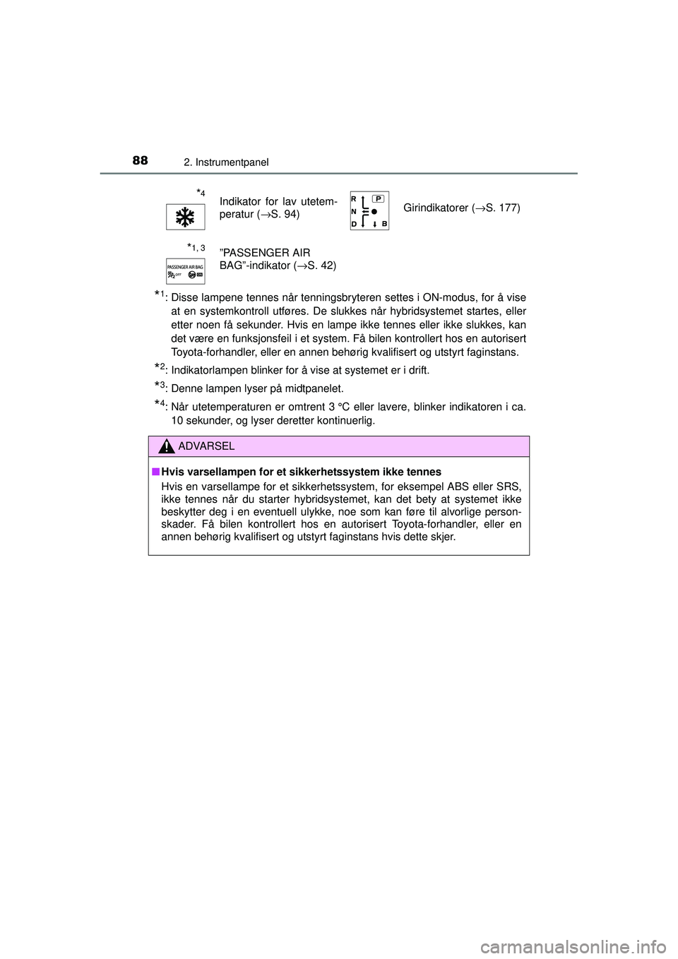 TOYOTA AURIS HYBRID 2015  Instruksjoner for bruk (in Norwegian) 882. Instrumentpanel
OM12J68NO
*1: Disse lampene tennes når tenningsbryteren settes i ON-modus, for å viseat en systemkontroll utføres. De slukkes når hybridsystemet startes, eller
etter noen få 