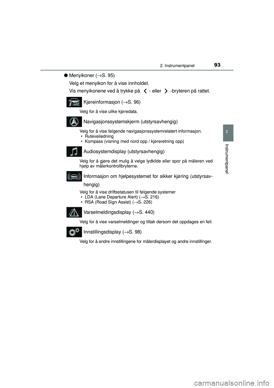TOYOTA AURIS HYBRID 2015 Instruksjoner for bruk (in Norwegian) 932. Instrumentpanel
OM12J68NO
2
Instrumentpanel
●Menyikoner ( →S. 95)
Velg et menyikon for å vise innholdet.
Vis menyikonene ved å trykke på - eller -bryteren på rattet.
Kjøreinformasjon ( TOYOTA AURIS HYBRID 2015 Instruksjoner for bruk (in Norwegian) 932. Instrumentpanel
OM12J68NO
2
Instrumentpanel
●Menyikoner ( →S. 95)
Velg et menyikon for å vise innholdet.
Vis menyikonene ved å trykke på - eller -bryteren på rattet.
Kjøreinformasjon (