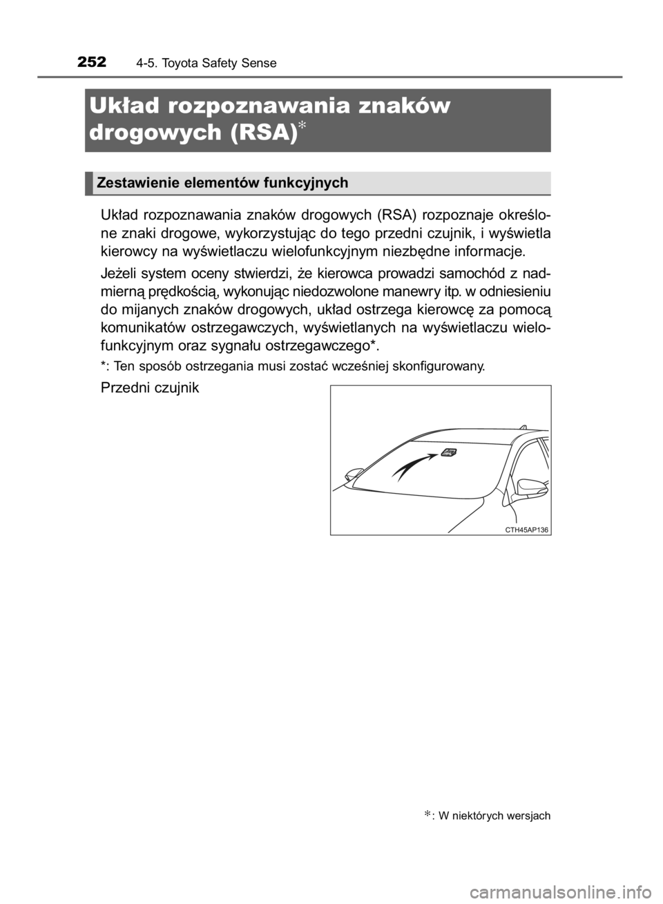 TOYOTA AURIS HYBRID 2015  Instrukcja obsługi (in Polish) Uk∏ad  rozpoznawania  znaków  drogowych  (RSA)  rozpoznaje  okreÊlo-
ne znaki drogowe, wykorzystujàc do tego przedni czujnik, i wyÊwietla
kierowcy na wyÊwietlaczu wielofunkcyjnym niezb´dne inf