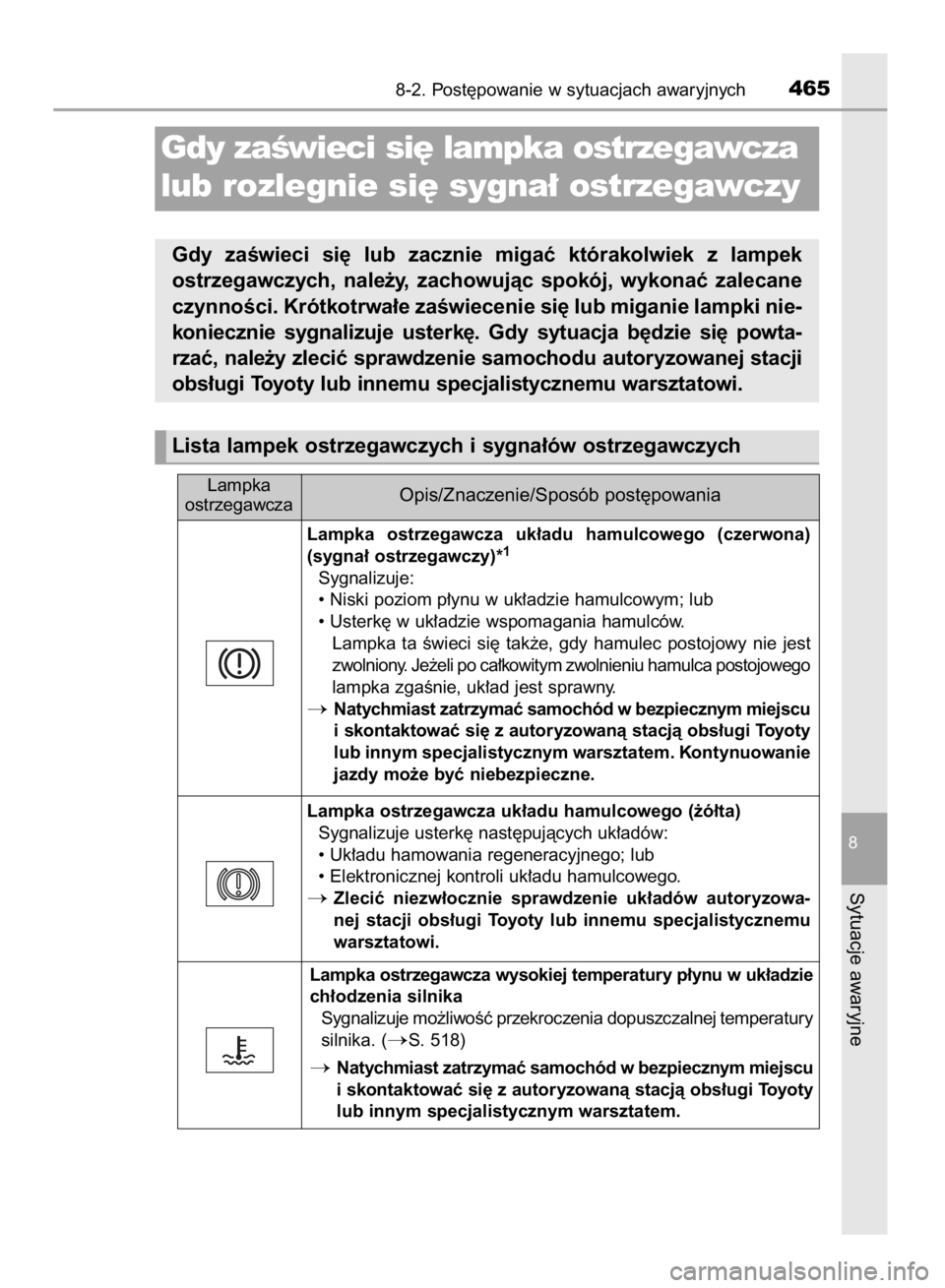 TOYOTA AURIS HYBRID 2015  Instrukcja obsługi (in Polish) 8-2. Post´powanie w sytuacjach awaryjnych465
8
Sytuacje awaryjne
Gdy zaÊwieci si´ lampka ostrzegawcza
lub rozlegnie si´ sygna∏ ostrzegawczy
Gdy  zaÊwieci  si´  lub  zacznie  migaç  którakolw
