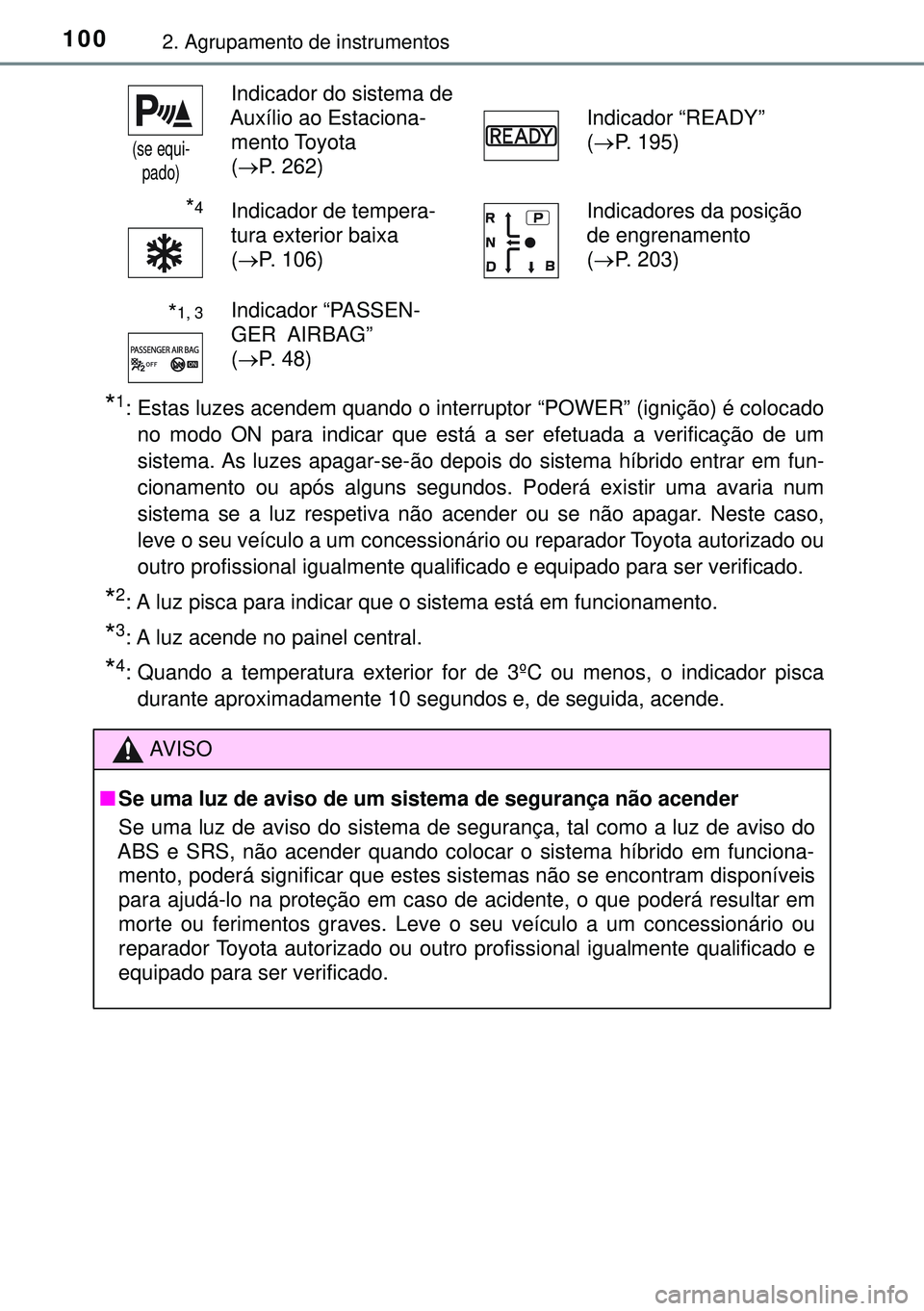 TOYOTA AURIS HYBRID 2015 Manual de utilização (in Portuguese) 1002. Agrupamento de instrumentos
*1: Estas luzes acendem quando o interruptor “POWER” (ignição) é colocado
no modo ON para indicar que está a ser efetuada a verificação de um
sistema. As lu TOYOTA AURIS HYBRID 2015 Manual de utilização (in Portuguese) 1002. Agrupamento de instrumentos
*1: Estas luzes acendem quando o interruptor “POWER” (ignição) é colocado
no modo ON para indicar que está a ser efetuada a verificação de um
sistema. As lu