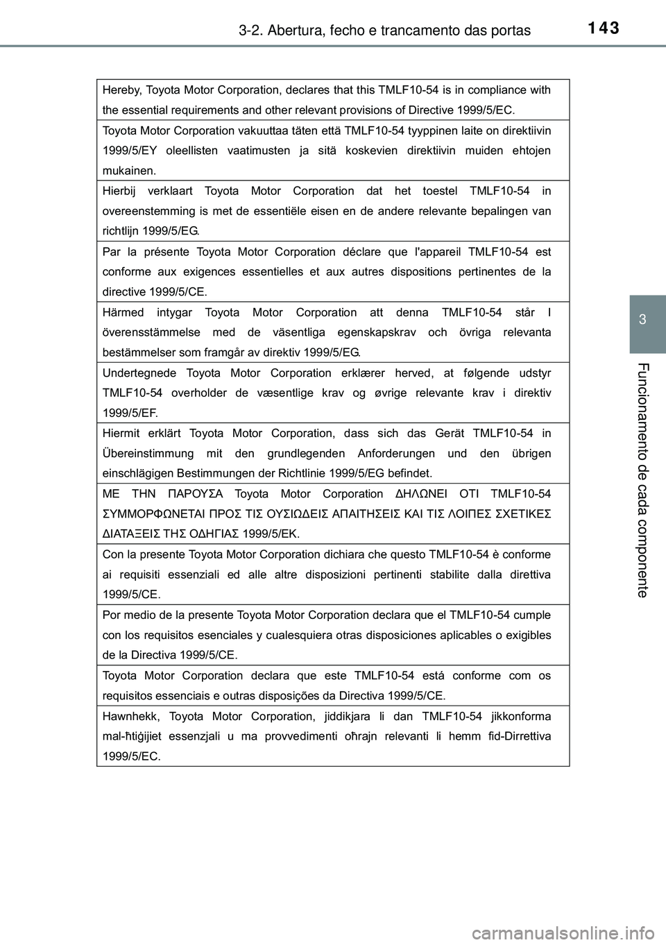 TOYOTA AURIS HYBRID 2015 Manual de utilização (in Portuguese) 1433-2. Abertura, fecho e trancamento das portas
3
Funcionamento de cada componente
Hereby, Toyota Motor Corporation, declares that this TMLF10-54 is in compliance with
the essential requirements and TOYOTA AURIS HYBRID 2015 Manual de utilização (in Portuguese) 1433-2. Abertura, fecho e trancamento das portas
3
Funcionamento de cada componente
Hereby, Toyota Motor Corporation, declares that this TMLF10-54 is in compliance with
the essential requirements and