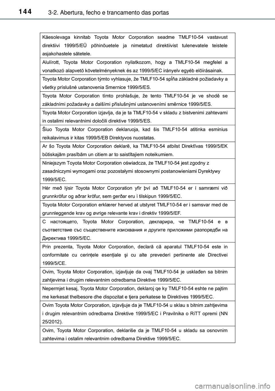 TOYOTA AURIS HYBRID 2015 Manual de utilização (in Portuguese) 1443-2. Abertura, fecho e trancamento das portas
Käesolevaga kinnitab Toyota Motor Corporation seadme TMLF10-54 vastavust
direktiivi 1999/5/EÜ põhinõuetele ja nimetatud direktiivist tulenevatele TOYOTA AURIS HYBRID 2015 Manual de utilização (in Portuguese) 1443-2. Abertura, fecho e trancamento das portas
Käesolevaga kinnitab Toyota Motor Corporation seadme TMLF10-54 vastavust
direktiivi 1999/5/EÜ põhinõuetele ja nimetatud direktiivist tulenevatele