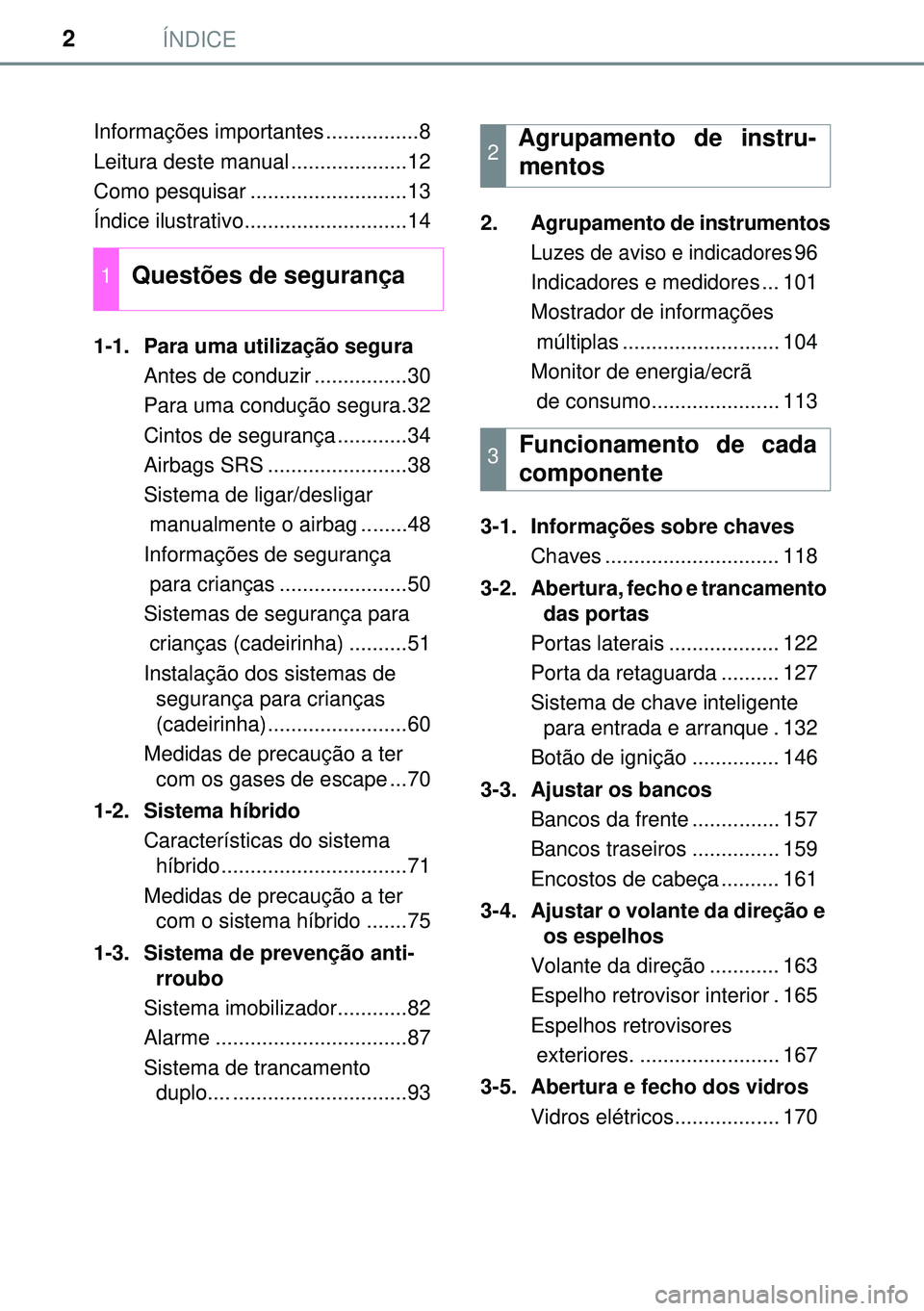 TOYOTA AURIS HYBRID 2015  Manual de utilização (in Portuguese) ÍNDICE2
Informações importantes ................8
Leitura deste manual ....................12
Como pesquisar ...........................13
Índice ilustrativo............................14
1-1.  Pa