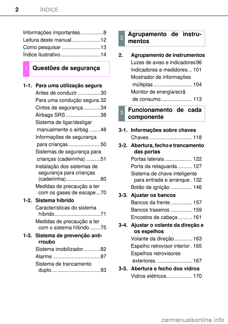 TOYOTA AURIS HYBRID 2015 Manual de utilização (in Portuguese) ÍNDICE2
Informações importantes ................8
Leitura deste manual ....................12
Como pesquisar ...........................13
Índice ilustrativo............................14
1-1. Pa TOYOTA AURIS HYBRID 2015 Manual de utilização (in Portuguese) ÍNDICE2
Informações importantes ................8
Leitura deste manual ....................12
Como pesquisar ...........................13
Índice ilustrativo............................14
1-1. Pa