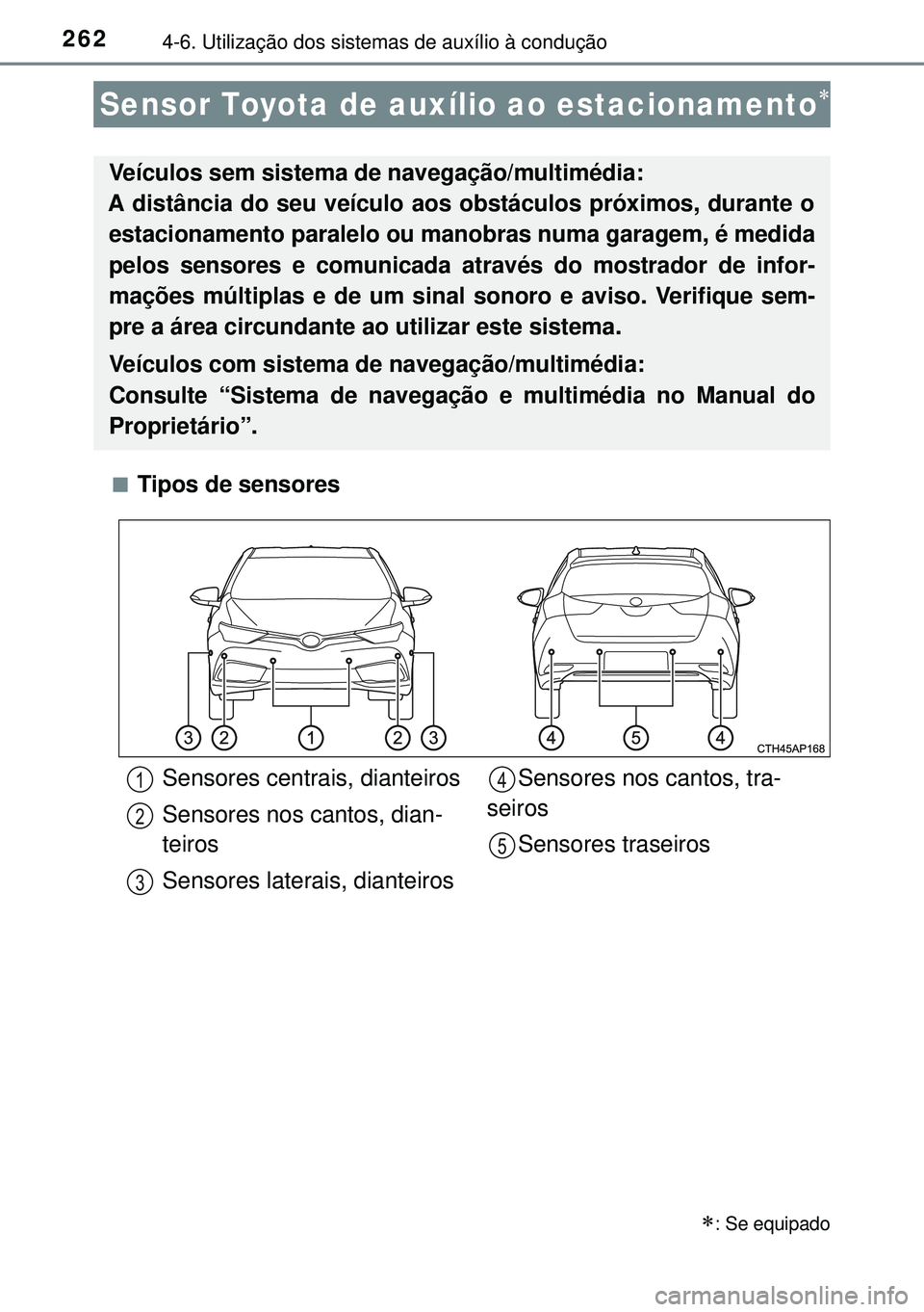 TOYOTA AURIS HYBRID 2015 Manual de utilização (in Portuguese) 2624-6. Utilização dos sistemas de auxílio à condução
nTipos de sensores
Sensor Toyota de auxílio ao estacionamento
: Se equipado
Veículos sem sistema de navegação/multimédia:
A dist TOYOTA AURIS HYBRID 2015 Manual de utilização (in Portuguese) 2624-6. Utilização dos sistemas de auxílio à condução
nTipos de sensores
Sensor Toyota de auxílio ao estacionamento
: Se equipado
Veículos sem sistema de navegação/multimédia:
A dist