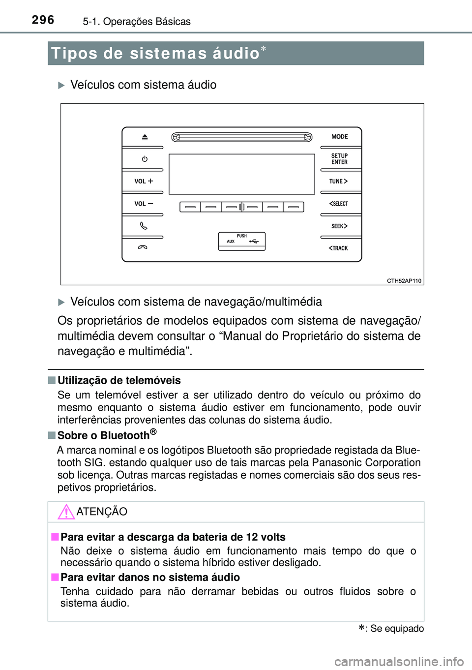 TOYOTA AURIS HYBRID 2015  Manual de utilização (in Portuguese) 2965-1. Operações Básicas
Veículos com sistema áudio
Veículos com sistema de navegação/multimédia
Os proprietários de modelos equipados com sistema de navegação/\
multimédia devem 
