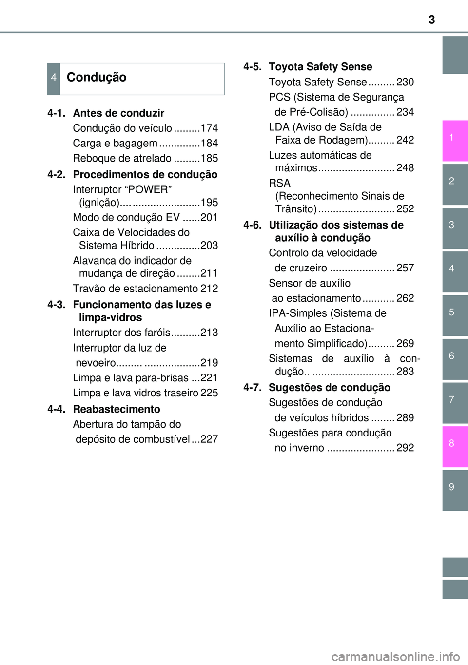 TOYOTA AURIS HYBRID 2015  Manual de utilização (in Portuguese) 3
1
9 8
7 5 4
3 2
6
4-1.  Antes de conduzir
Condução do veículo .........174
Carga e bagagem ..............184
Reboque de atrelado .........185
4-2.  Procedimentos de condução
Interruptor “POWE