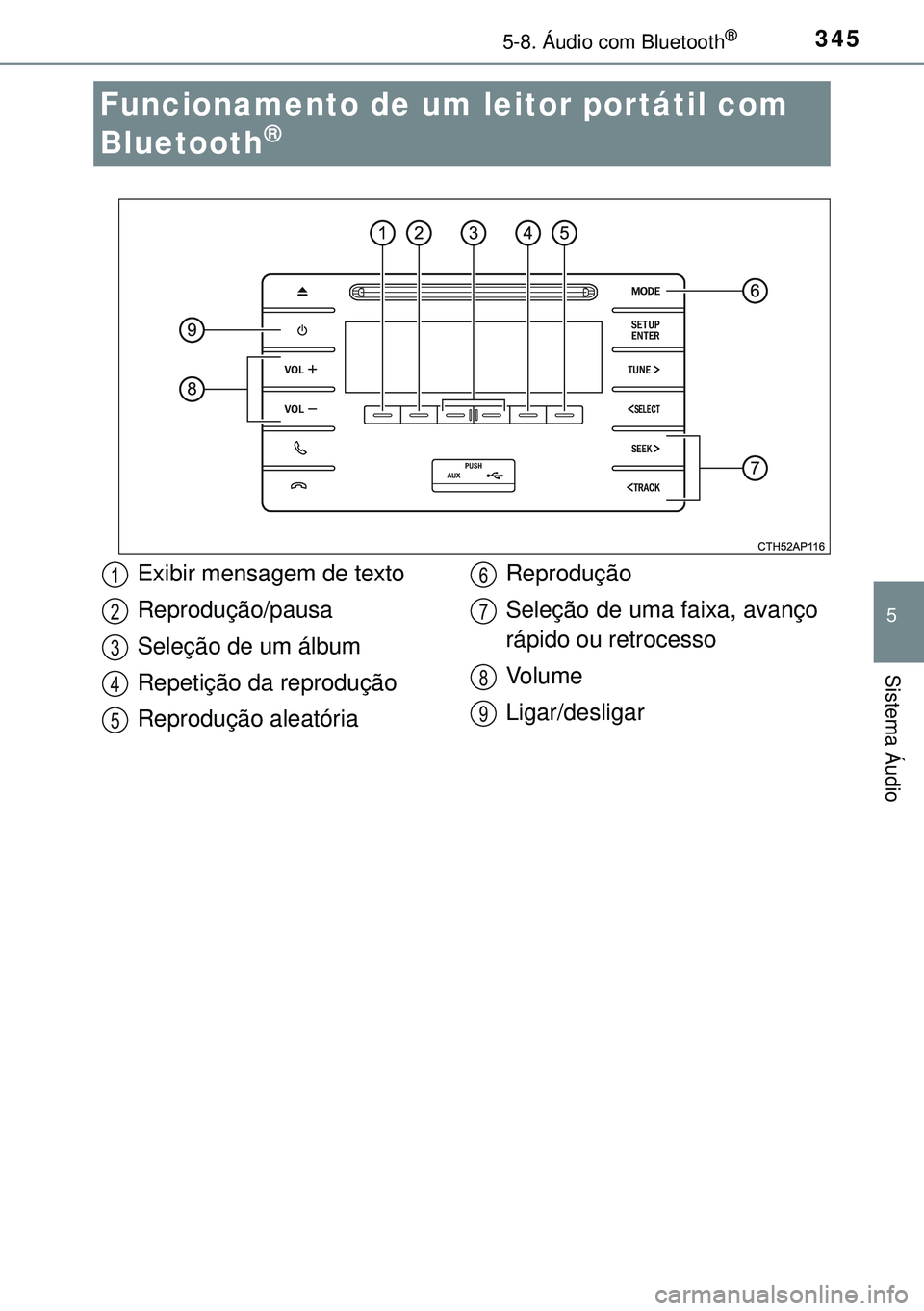 TOYOTA AURIS HYBRID 2015  Manual de utilização (in Portuguese) 345
5
Sistema Áudio
5-8. Áudio com Bluetooth®
Funcionamento de um leitor portátil com 
Bluetooth
®
Exibir mensagem de texto
Reprodução/pausa
Seleção de um álbum
Repetição da reprodução
R