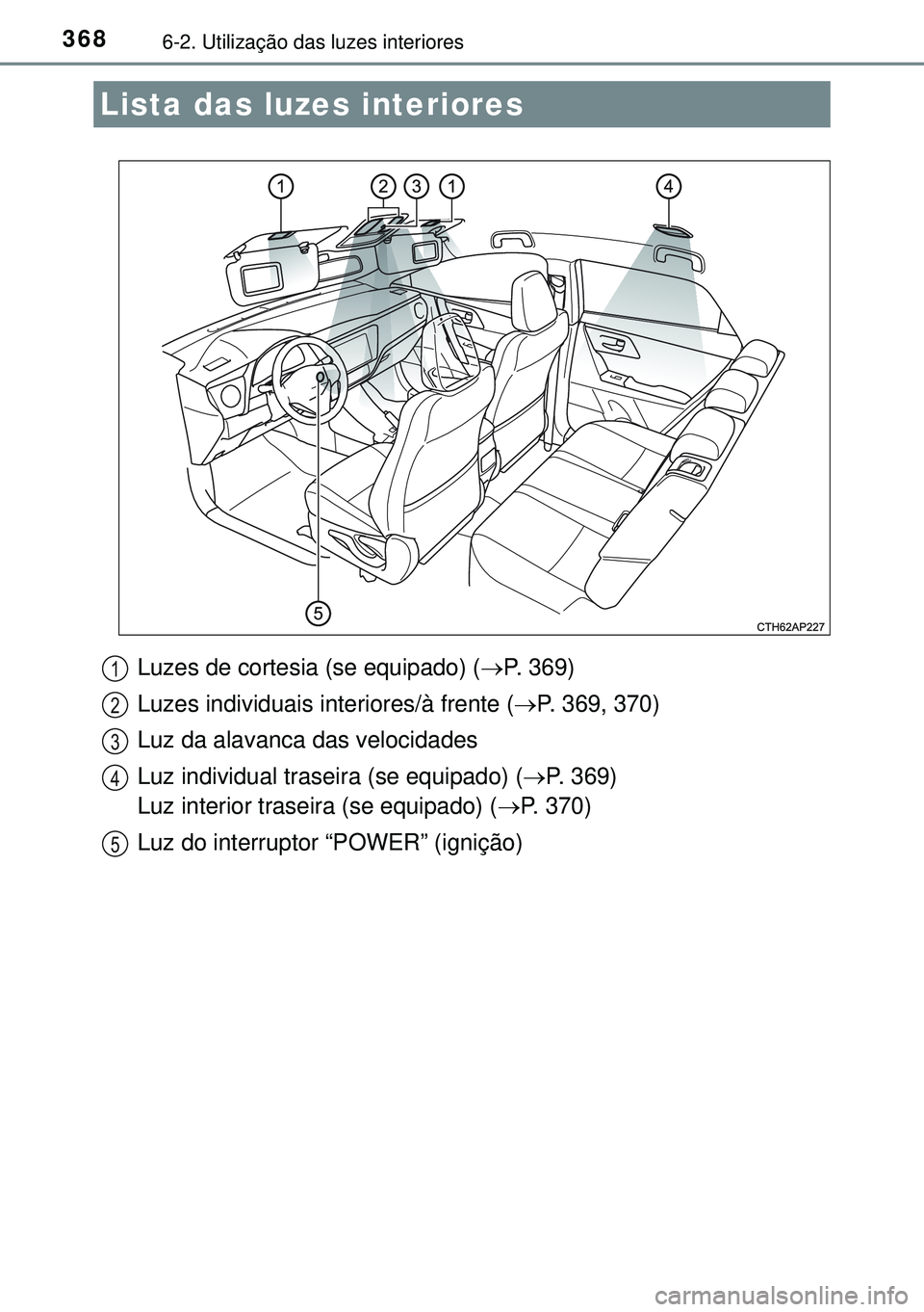 TOYOTA AURIS HYBRID 2015  Manual de utilização (in Portuguese) 3686-2. Utilização das luzes interiores
Luzes de cortesia (se equipado) (P. 369)
Luzes individuais interiores/à frente (P. 369, 370)
Luz da alavanca das velocidades
Luz individual traseira (s