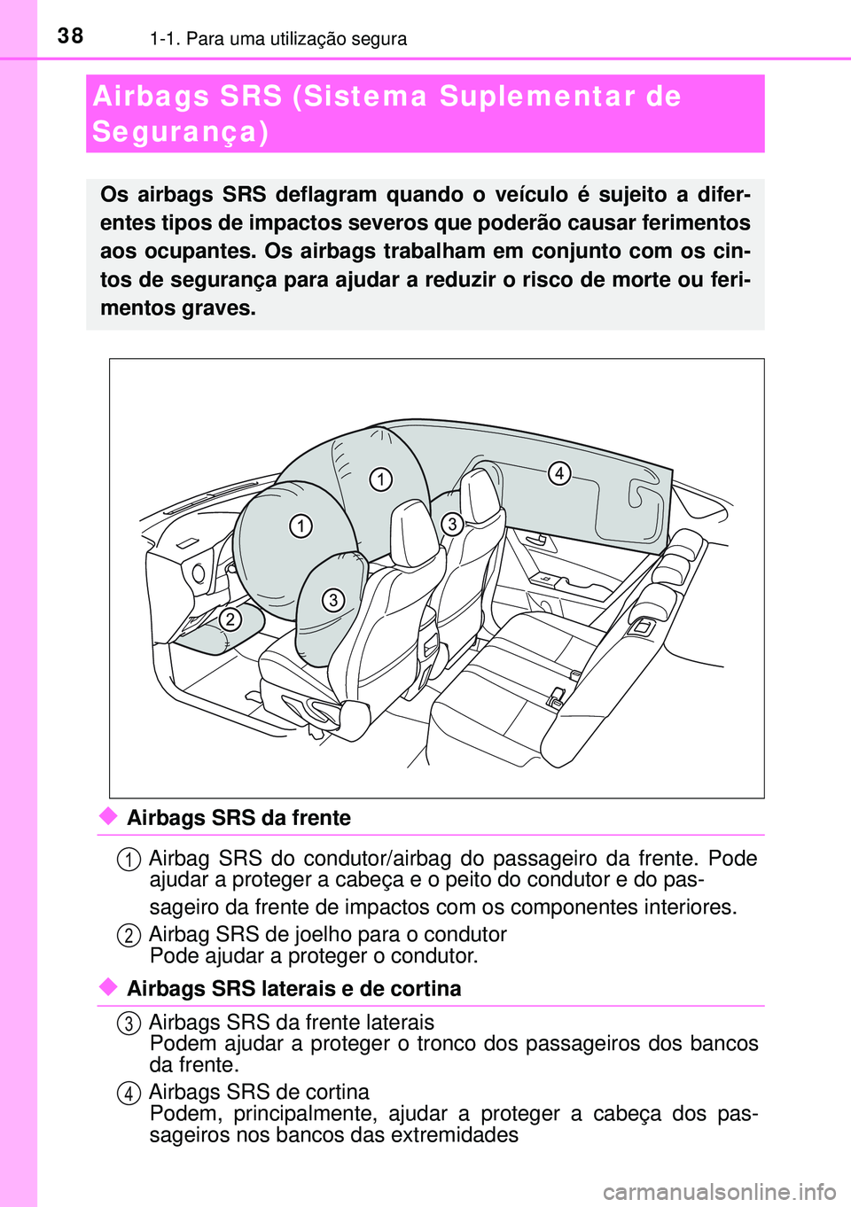 TOYOTA AURIS HYBRID 2015 Manual de utilização (in Portuguese) 381-1. Para uma utilização segura
uAirbags SRS da frente
Airbag SRS do condutor/airbag do passageiro da frente. Pode
ajudar a proteger a cabeça e o peito do condutor e do pas-
sageiro da frente de TOYOTA AURIS HYBRID 2015 Manual de utilização (in Portuguese) 381-1. Para uma utilização segura
uAirbags SRS da frente
Airbag SRS do condutor/airbag do passageiro da frente. Pode
ajudar a proteger a cabeça e o peito do condutor e do pas-
sageiro da frente de