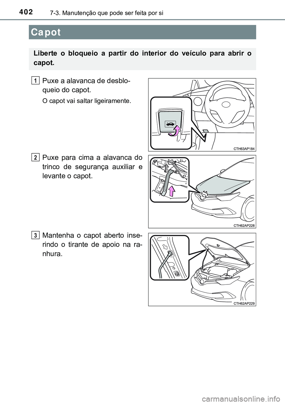 TOYOTA AURIS HYBRID 2015  Manual de utilização (in Portuguese) 4027-3. Manutenção que pode ser feita por si
Puxe a alavanca de desblo-
queio do capot.
O capot vai saltar ligeiramente.
Puxe para cima a alavanca do
trinco de segurança auxiliar e
levante o capot.