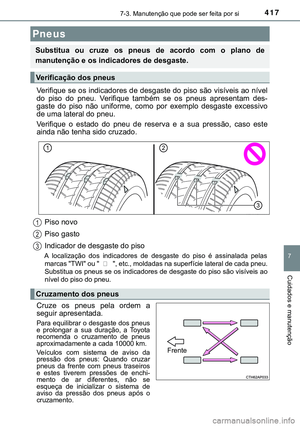 TOYOTA AURIS HYBRID 2015 Manual de utilização (in Portuguese) 4177-3. Manutenção que pode ser feita por si
7
Cuidados e manutenção
Verifique se os indicadores de desgaste do piso são visíveis ao nível
do piso do pneu. Verifique também se os pneus apresen TOYOTA AURIS HYBRID 2015 Manual de utilização (in Portuguese) 4177-3. Manutenção que pode ser feita por si
7
Cuidados e manutenção
Verifique se os indicadores de desgaste do piso são visíveis ao nível
do piso do pneu. Verifique também se os pneus apresen