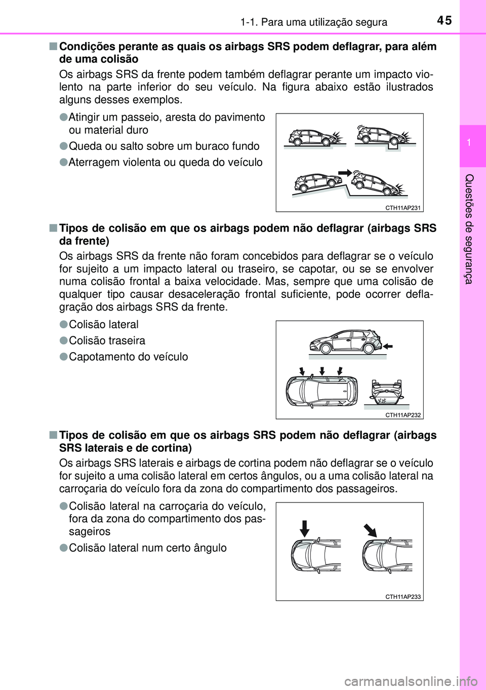 TOYOTA AURIS HYBRID 2015 Manual de utilização (in Portuguese) 451-1. Para uma utilização segura
1
Questões de segurança
nCondições perante as quais os airbags SRS podem deflagrar, para além
de uma colisão
Os airbags SRS da frente podem também deflagrar TOYOTA AURIS HYBRID 2015 Manual de utilização (in Portuguese) 451-1. Para uma utilização segura
1
Questões de segurança
nCondições perante as quais os airbags SRS podem deflagrar, para além
de uma colisão
Os airbags SRS da frente podem também deflagrar