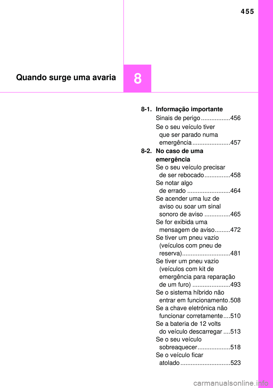 TOYOTA AURIS HYBRID 2015 Manual de utilização (in Portuguese) 455
8Quando surge uma avaria
8-1. Informação importante
Sinais de perigo .................456
Se o seu veículo tiver
que ser parado numa
emergência ......................457
8-2. No caso de TOYOTA AURIS HYBRID 2015 Manual de utilização (in Portuguese) 455
8Quando surge uma avaria
8-1. Informação importante
Sinais de perigo .................456
Se o seu veículo tiver
que ser parado numa
emergência ......................457
8-2. No caso de