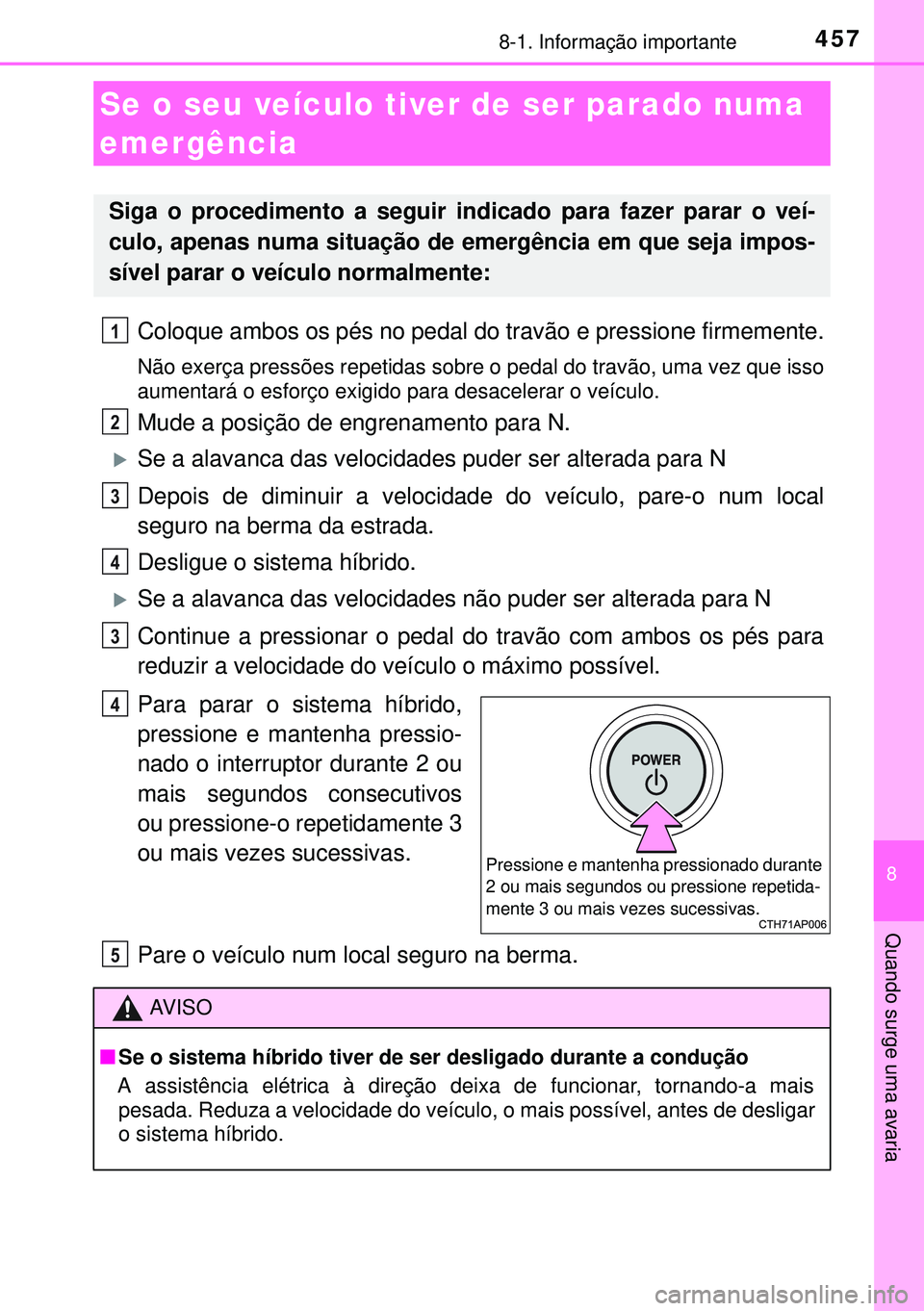 TOYOTA AURIS HYBRID 2015 Manual de utilização (in Portuguese) 4578-1. Informação importante
8
Quando surge uma avaria
Coloque ambos os pés no pedal do travão e pressione firmemente.
Não exerça pressões repetidas sobre o pedal do travão, uma vez que isso
TOYOTA AURIS HYBRID 2015 Manual de utilização (in Portuguese) 4578-1. Informação importante
8
Quando surge uma avaria
Coloque ambos os pés no pedal do travão e pressione firmemente.
Não exerça pressões repetidas sobre o pedal do travão, uma vez que isso