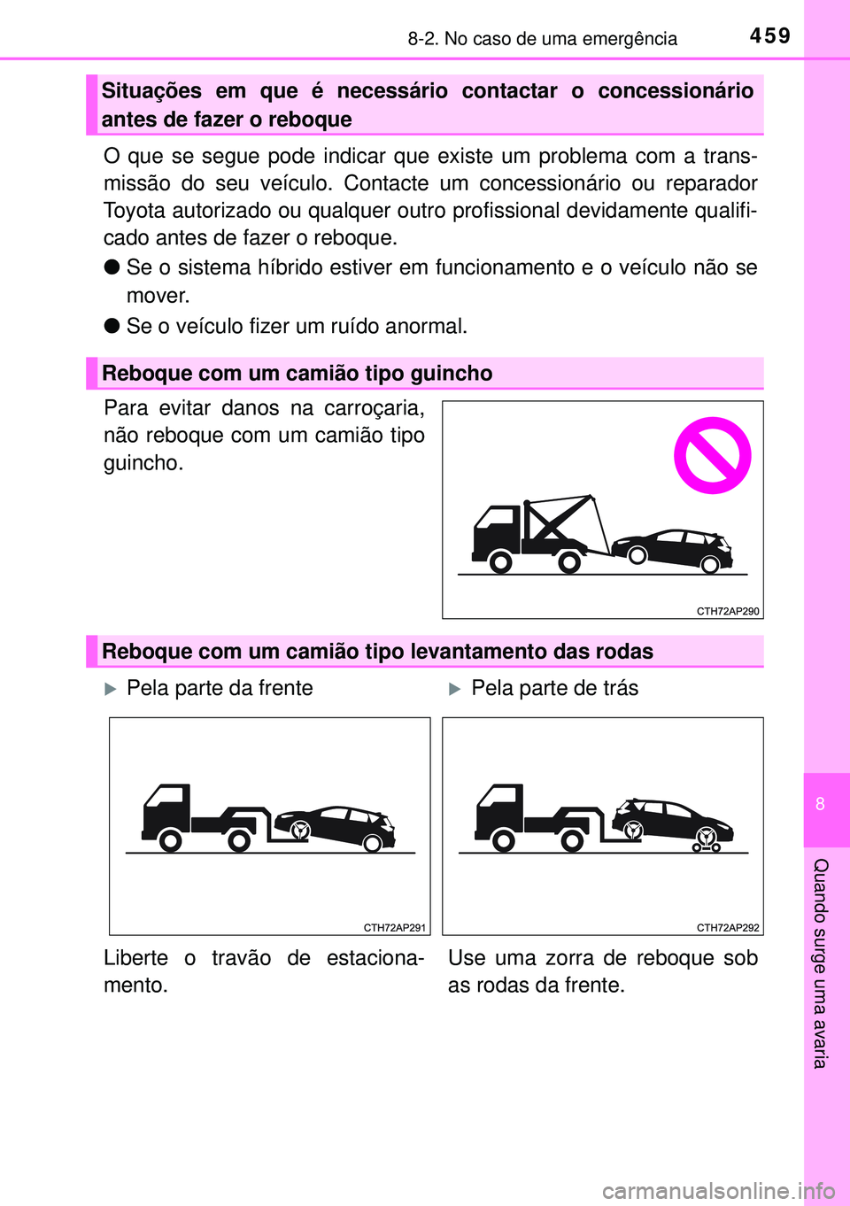 TOYOTA AURIS HYBRID 2015 Manual de utilização (in Portuguese) 4598-2. No caso de uma emergência
8
Quando surge uma avaria
O que se segue pode indicar que existe um problema com a trans-
missão do seu veículo. Contacte um concessionário ou reparador
Toyota au TOYOTA AURIS HYBRID 2015 Manual de utilização (in Portuguese) 4598-2. No caso de uma emergência
8
Quando surge uma avaria
O que se segue pode indicar que existe um problema com a trans-
missão do seu veículo. Contacte um concessionário ou reparador
Toyota au