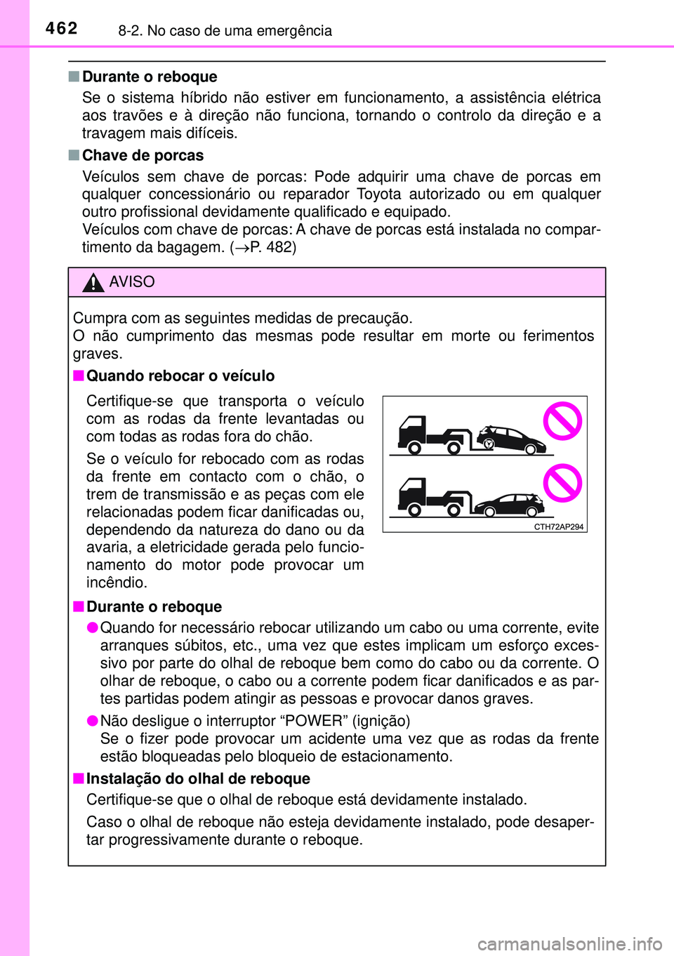 TOYOTA AURIS HYBRID 2015 Manual de utilização (in Portuguese) 4628-2. No caso de uma emergência
nDurante o reboque
Se o sistema híbrido não estiver em funcionamento, a assistência elétrica
aos travões e à direção não funciona, tornando o controlo da di TOYOTA AURIS HYBRID 2015 Manual de utilização (in Portuguese) 4628-2. No caso de uma emergência
nDurante o reboque
Se o sistema híbrido não estiver em funcionamento, a assistência elétrica
aos travões e à direção não funciona, tornando o controlo da di