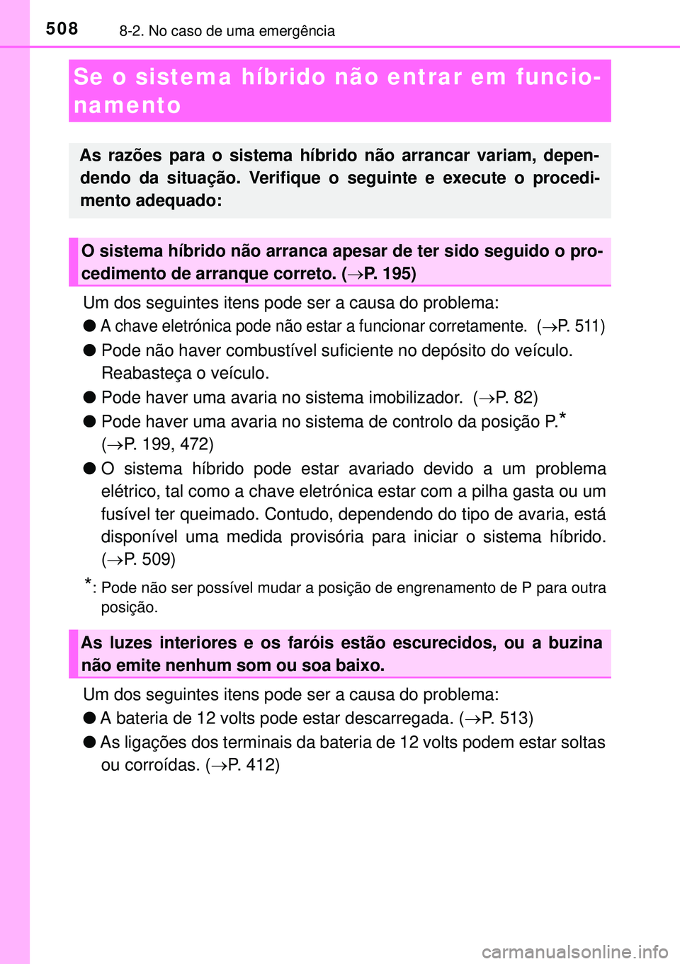 TOYOTA AURIS HYBRID 2015  Manual de utilização (in Portuguese) 5088-2. No caso de uma emergência
Um dos seguintes itens pode ser a causa do problema:
l
A chave eletrónica pode não estar a funcionar corretamente.  (P. 511)
lPode não haver combustível sufic