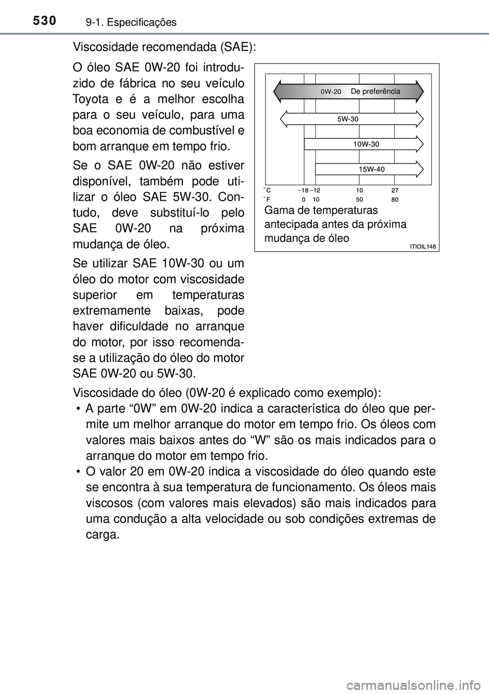 TOYOTA AURIS HYBRID 2015 Manual de utilização (in Portuguese) 5309-1. Especificações
Viscosidade recomendada (SAE):
O óleo SAE 0W-20 foi introdu-
zido de fábrica no seu veículo
Toyota e é a melhor escolha
para o seu veículo, para uma
boa economia de combu TOYOTA AURIS HYBRID 2015 Manual de utilização (in Portuguese) 5309-1. Especificações
Viscosidade recomendada (SAE):
O óleo SAE 0W-20 foi introdu-
zido de fábrica no seu veículo
Toyota e é a melhor escolha
para o seu veículo, para uma
boa economia de combu