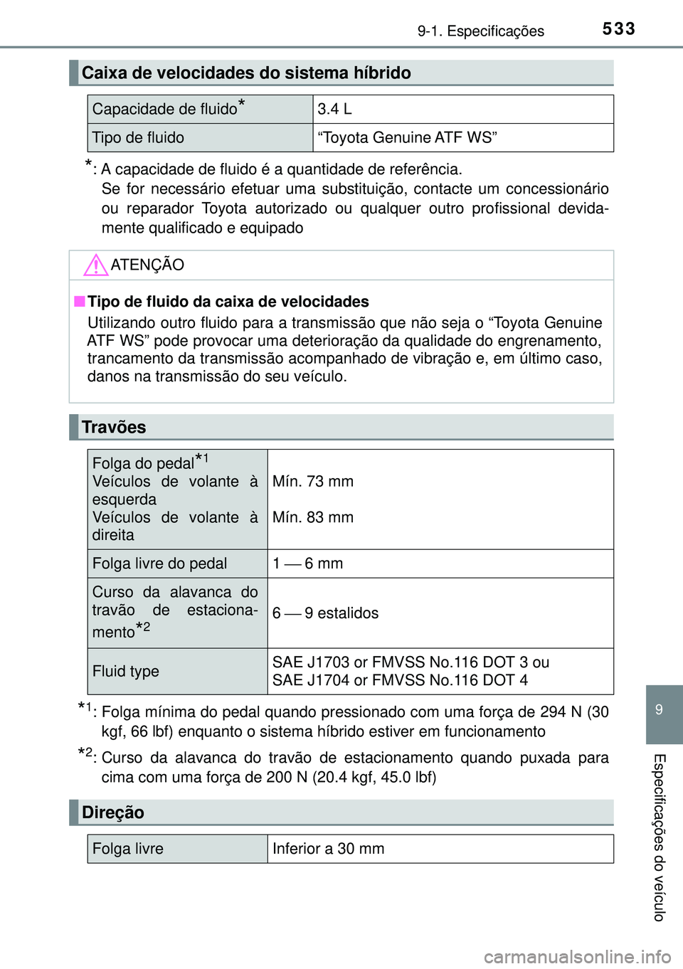 TOYOTA AURIS HYBRID 2015 Manual de utilização (in Portuguese) 5339-1. Especificações
9
Especificações do veículo
*: A capacidade de fluido é a quantidade de referência.
Se for necessário efetuar uma substituição, contacte um concessionário
ou reparado TOYOTA AURIS HYBRID 2015 Manual de utilização (in Portuguese) 5339-1. Especificações
9
Especificações do veículo
*: A capacidade de fluido é a quantidade de referência.
Se for necessário efetuar uma substituição, contacte um concessionário
ou reparado