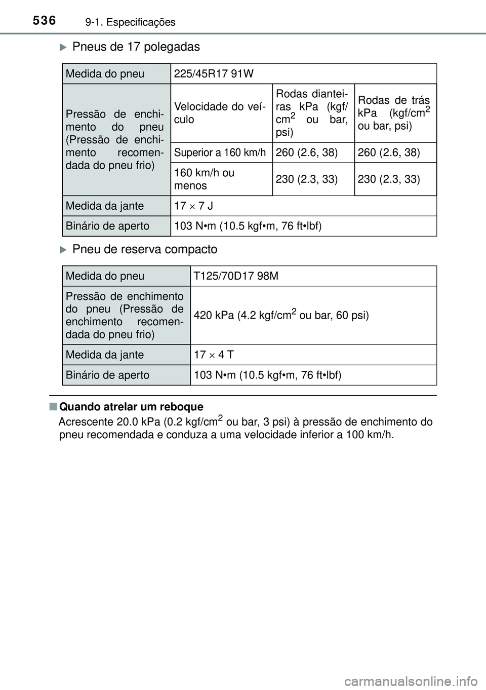TOYOTA AURIS HYBRID 2015 Manual de utilização (in Portuguese) 5369-1. Especificações
Pneus de 17 polegadas
Pneu de reserva compacto
nQuando atrelar um reboque
Acrescente 20.0 kPa (0.2 kgf/cm2 ou bar, 3 psi) à pressão de enchimento do
pneu recomendada e TOYOTA AURIS HYBRID 2015 Manual de utilização (in Portuguese) 5369-1. Especificações
Pneus de 17 polegadas
Pneu de reserva compacto
nQuando atrelar um reboque
Acrescente 20.0 kPa (0.2 kgf/cm2 ou bar, 3 psi) à pressão de enchimento do
pneu recomendada e