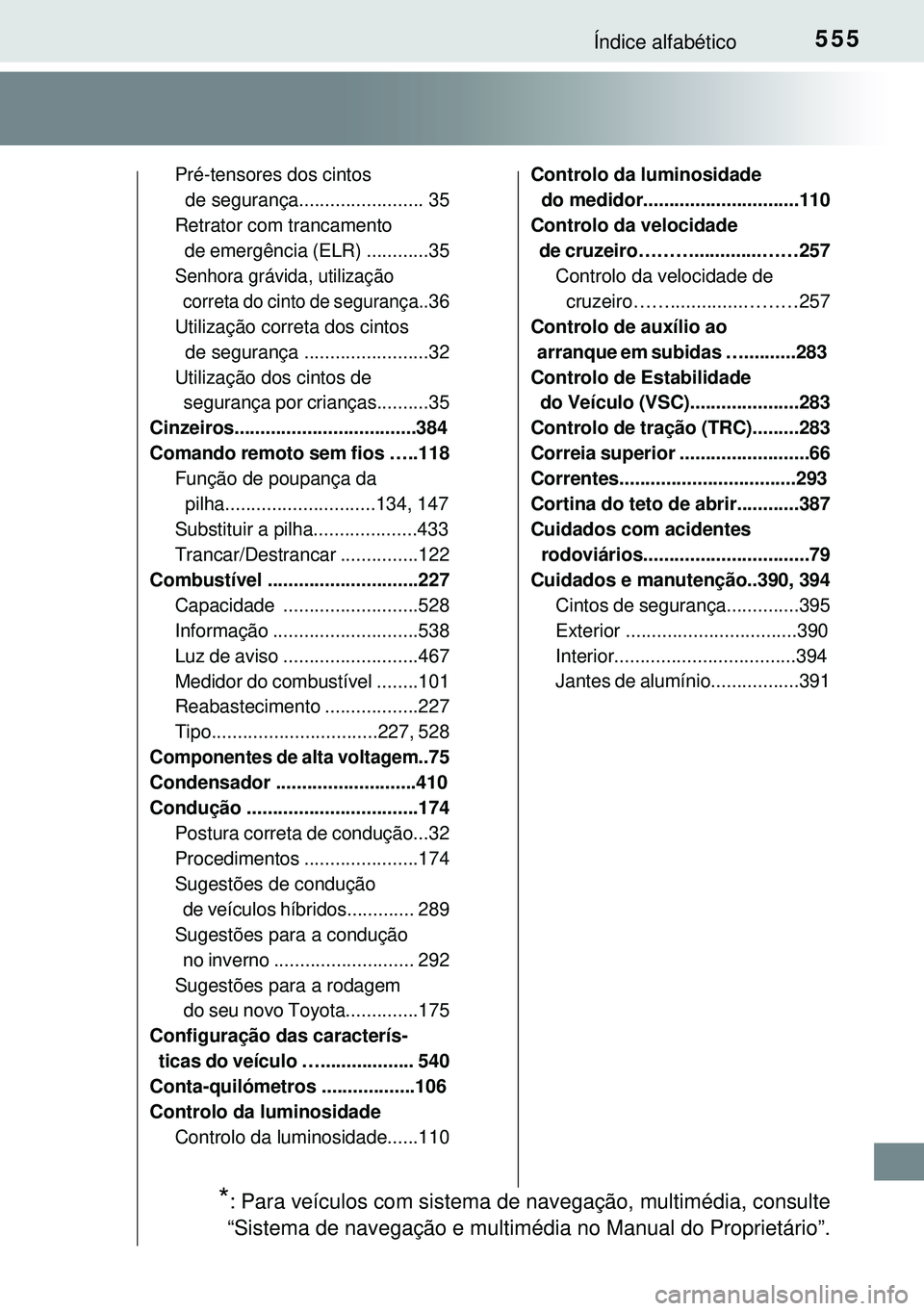 TOYOTA AURIS HYBRID 2015  Manual de utilização (in Portuguese) 555Índice alfabético
Pré-tensores dos cintos
  de segurança........................ 35
Retrator com trancamento
  de emergência (ELR) ............35
Senhora grávida, utilização
   correta do c