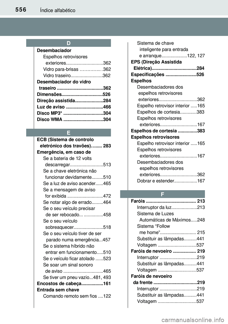 TOYOTA AURIS HYBRID 2015  Manual de utilização (in Portuguese) 556Índice alfabético
Desembaciador
Espelhos retrovisores
  exteriores.............................362
Vidro para-brisas ………….. . 362
Vidro traseiro.........................362
Desembaciador 