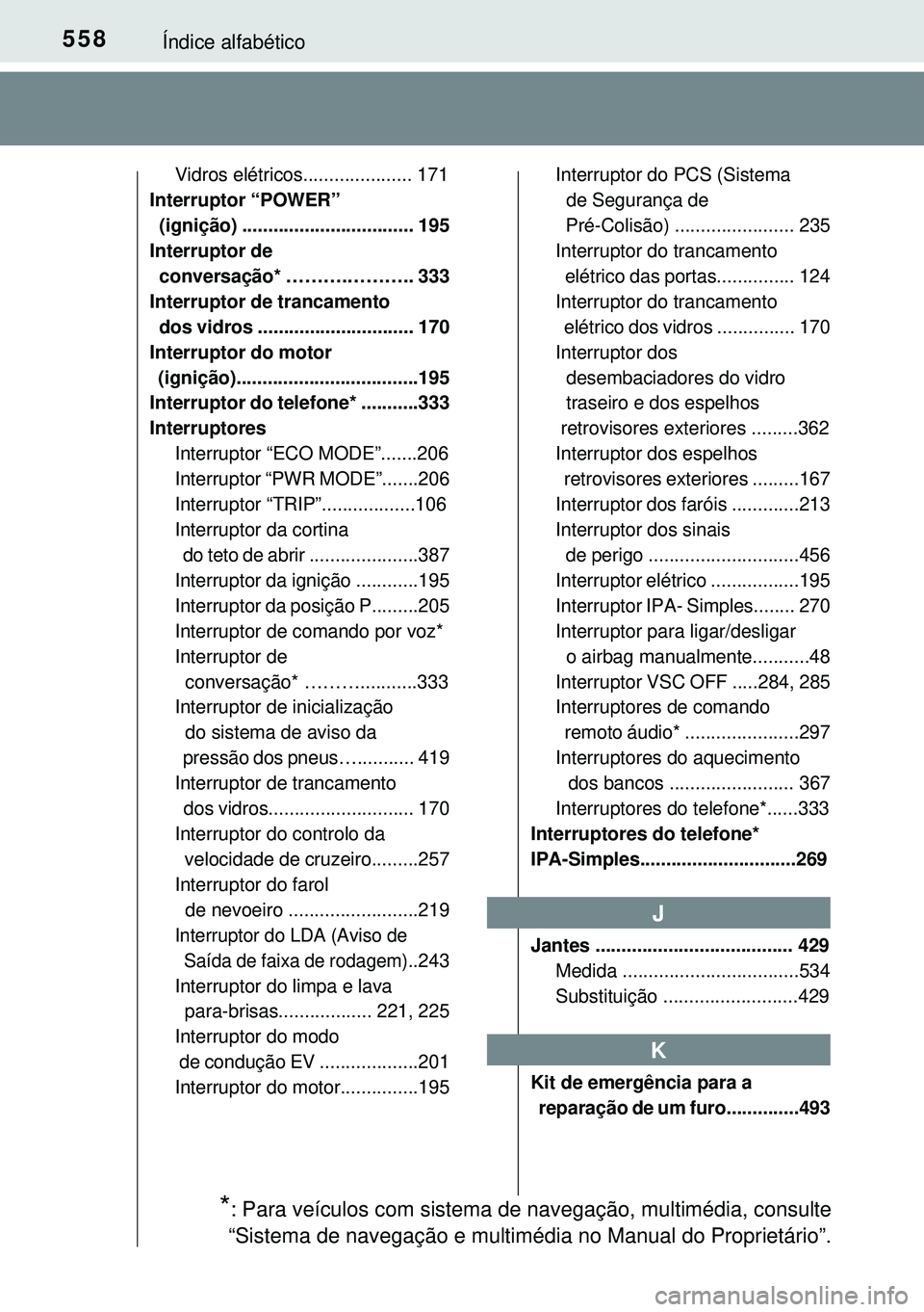 TOYOTA AURIS HYBRID 2015  Manual de utilização (in Portuguese) 558Índice alfabético
Vidros elétricos..................... 171
Interruptor “POWER” 
  (ignição) ................................. 195
Interruptor de
  conversação* ……….……….. 333