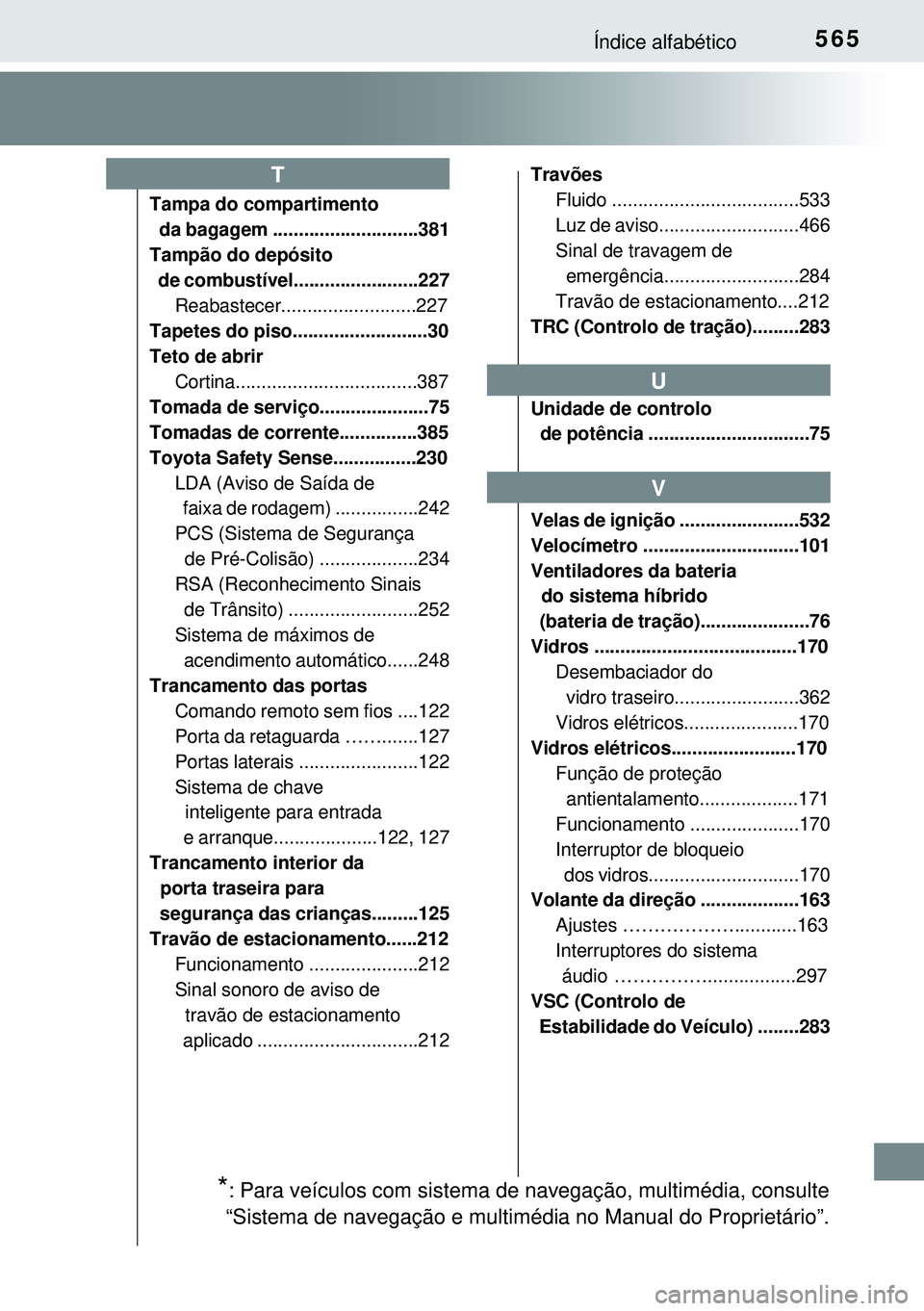 TOYOTA AURIS HYBRID 2015 Manual de utilização (in Portuguese) 565Índice alfabético
Tampa do compartimento
da bagagem ............................381
Tampão do depósito
de combustível........................227
Reabastecer..........................227
Ta TOYOTA AURIS HYBRID 2015 Manual de utilização (in Portuguese) 565Índice alfabético
Tampa do compartimento
da bagagem ............................381
Tampão do depósito
de combustível........................227
Reabastecer..........................227
Ta
